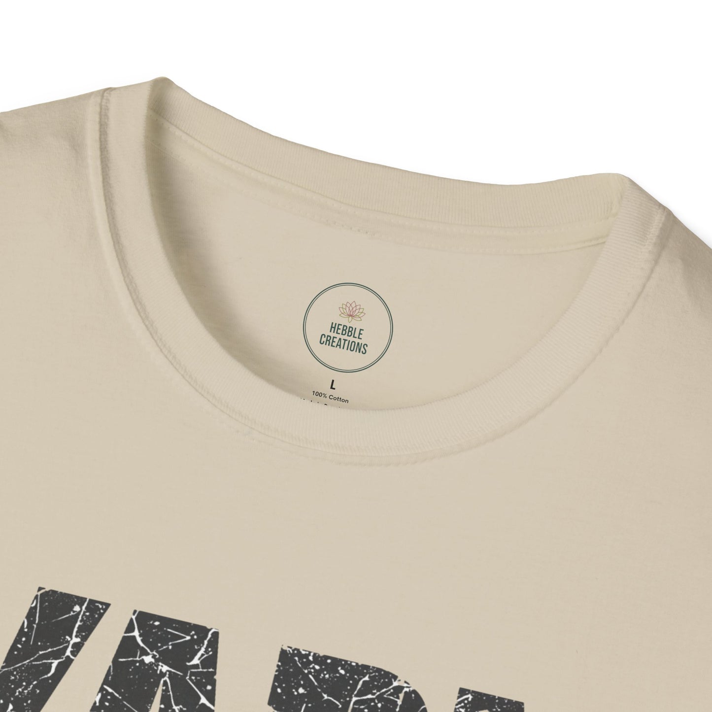 Beige t-shirt with black text and a visible brand label on a white background