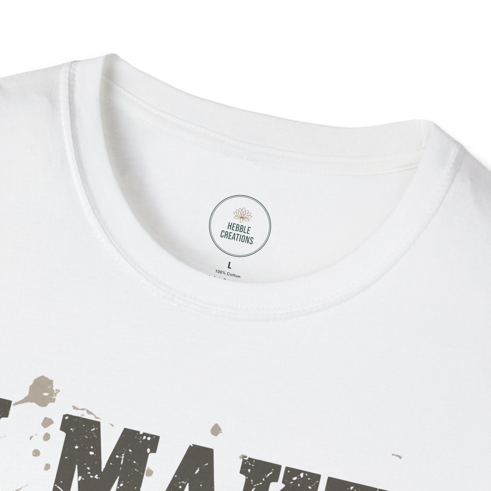 White t-shirt with black text and a logo on a white background
