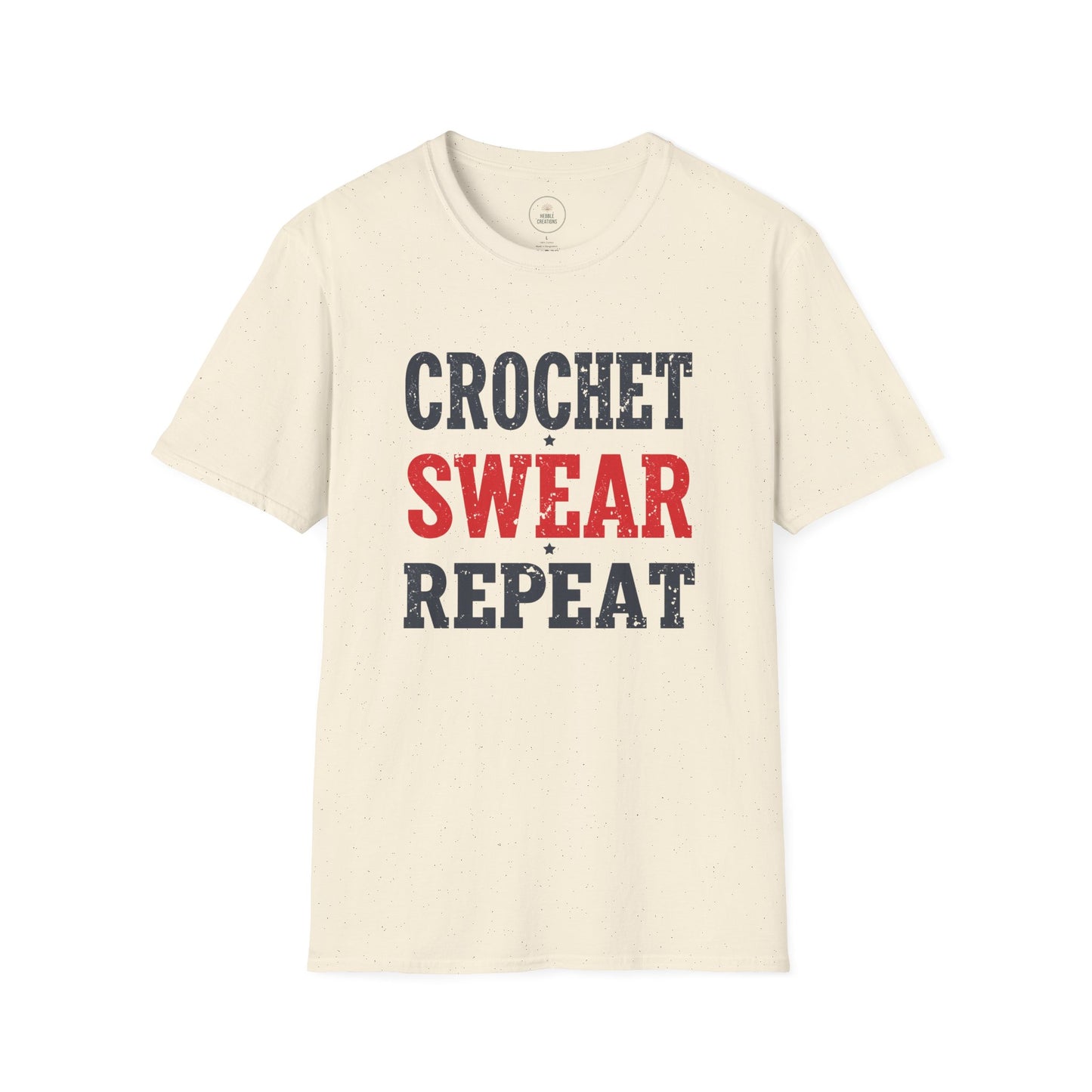 Beige t-shirt with 'Crochet Swear Repeat' text in black, red, and blue on a white background