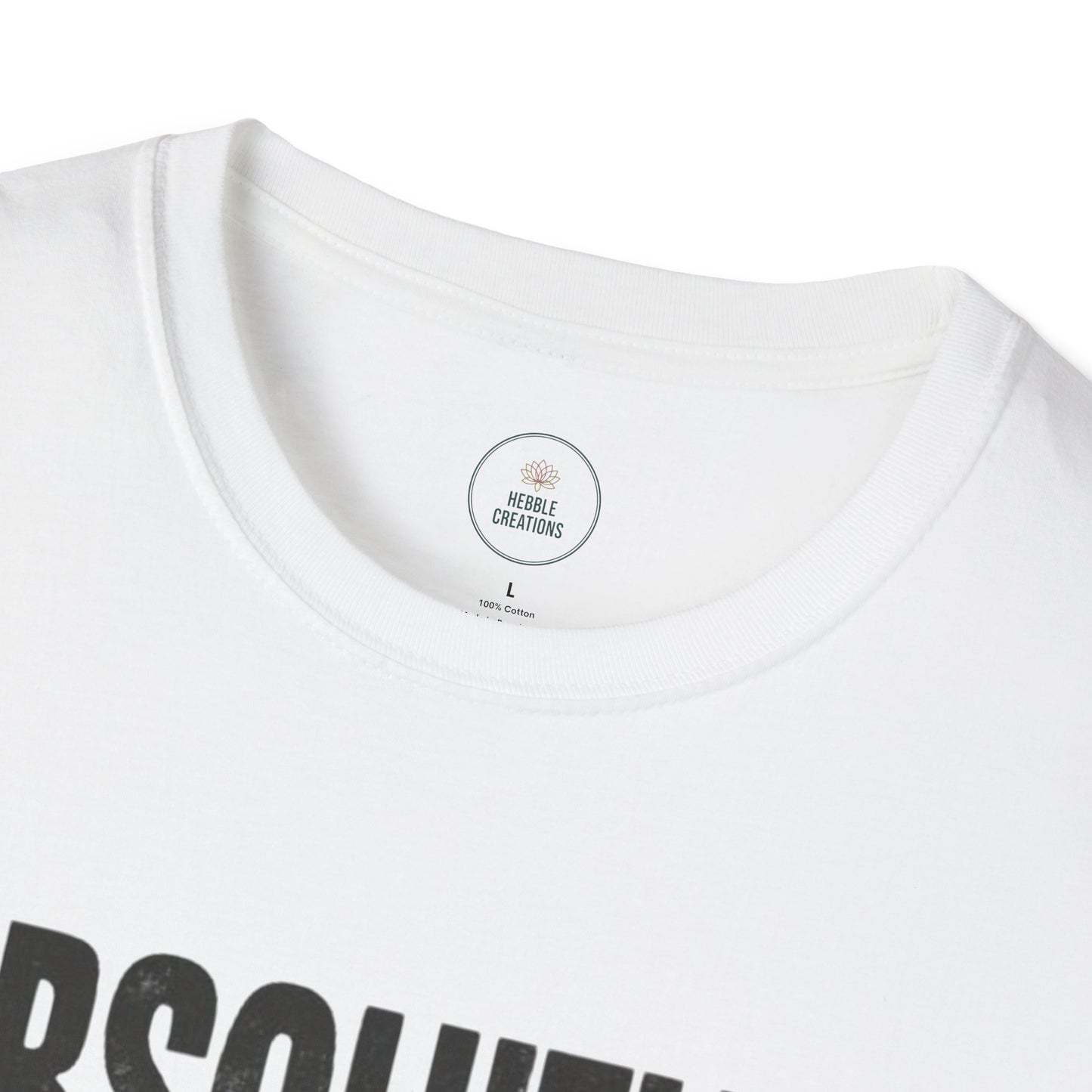 White t-shirt with black text and a visible brand logo on a white background