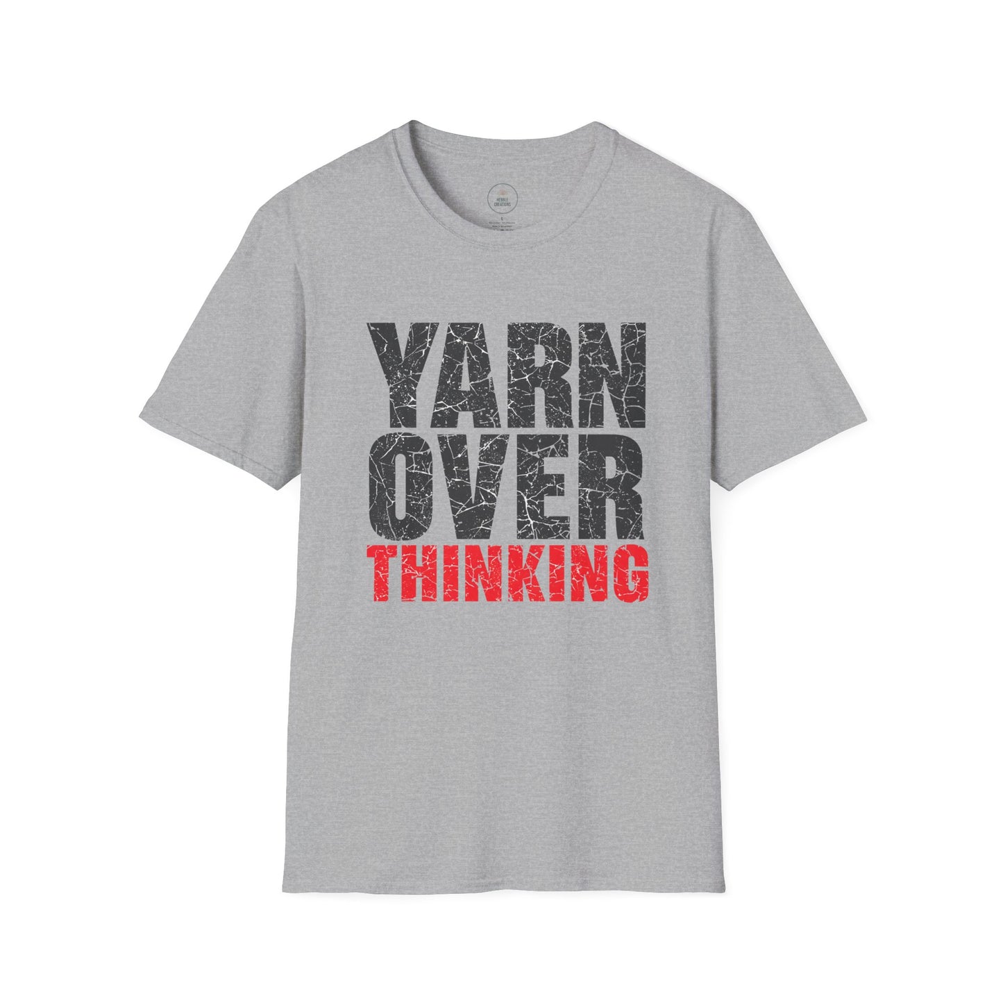 Gray t-shirt with 'YARN OVER THINKING' text on a white background