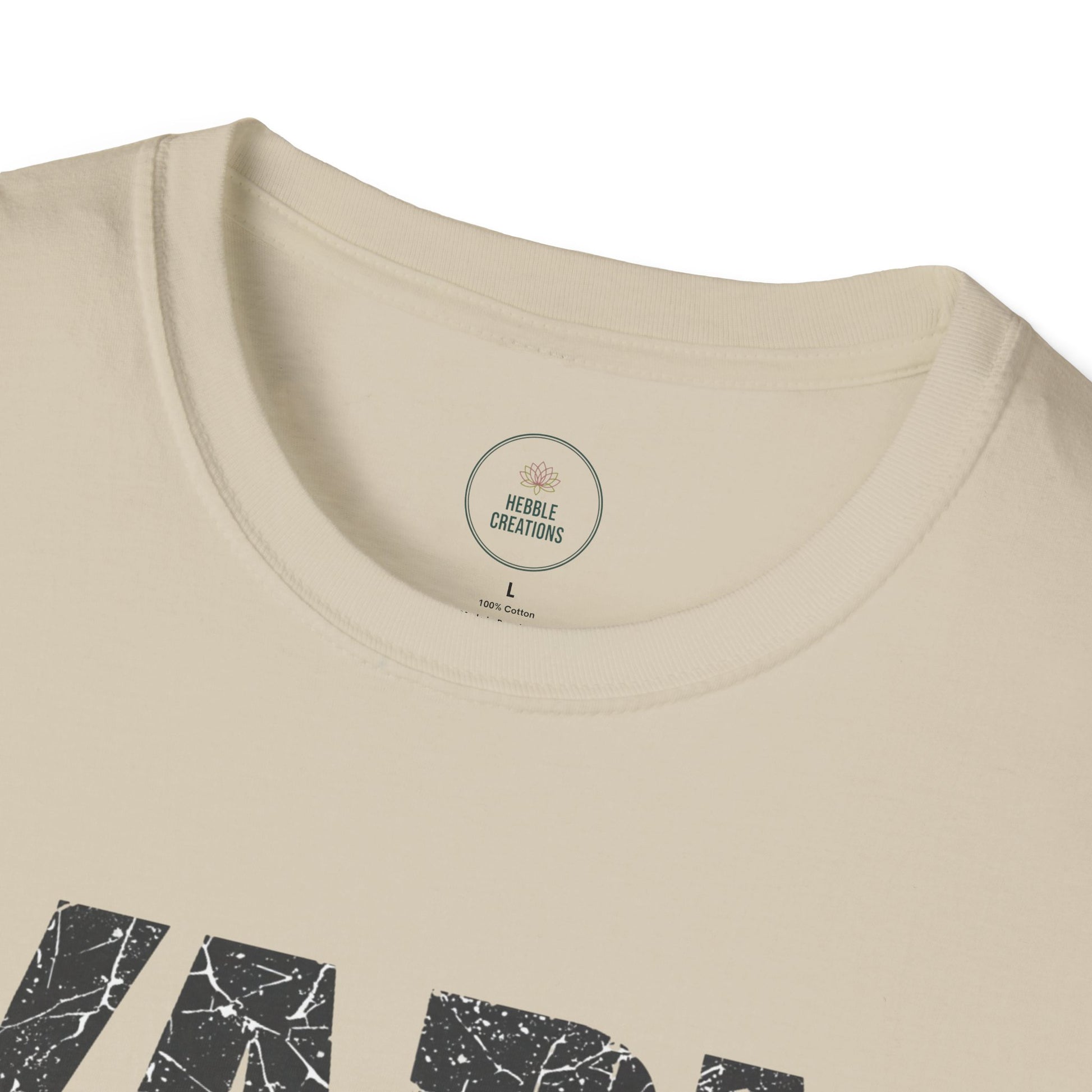 Beige t-shirt with black text and a visible brand label on a white background