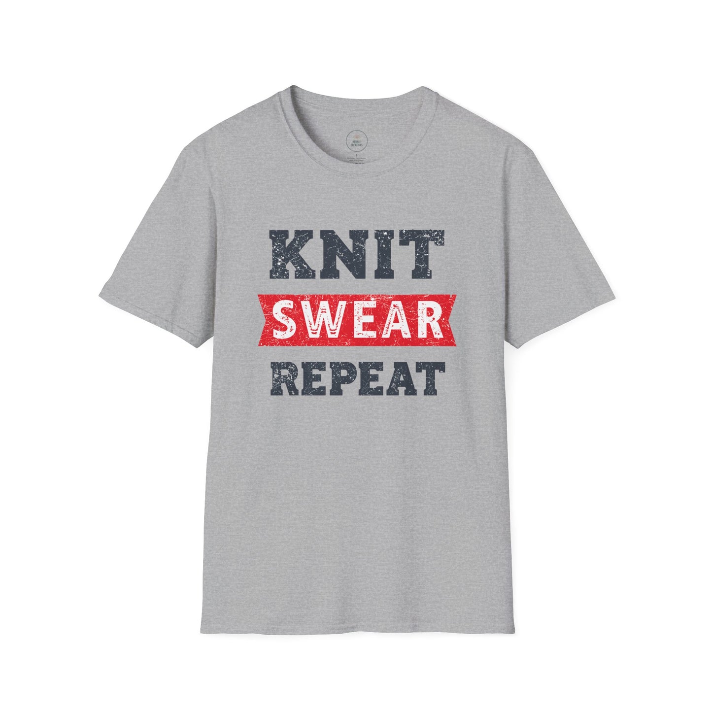 Gray t-shirt with 'KNIT SWEAR REPEAT' text on a white background