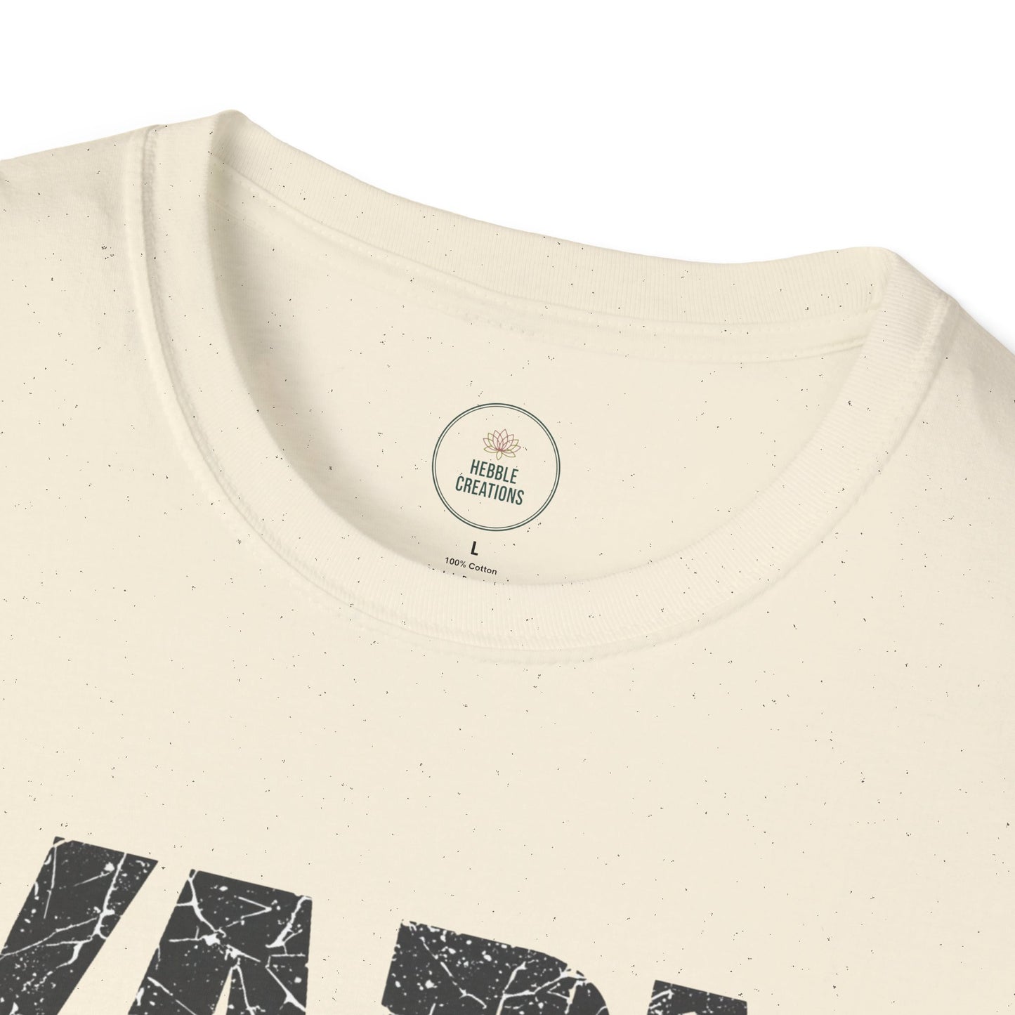 Close-up of a beige t-shirt with text and a logo on a white background