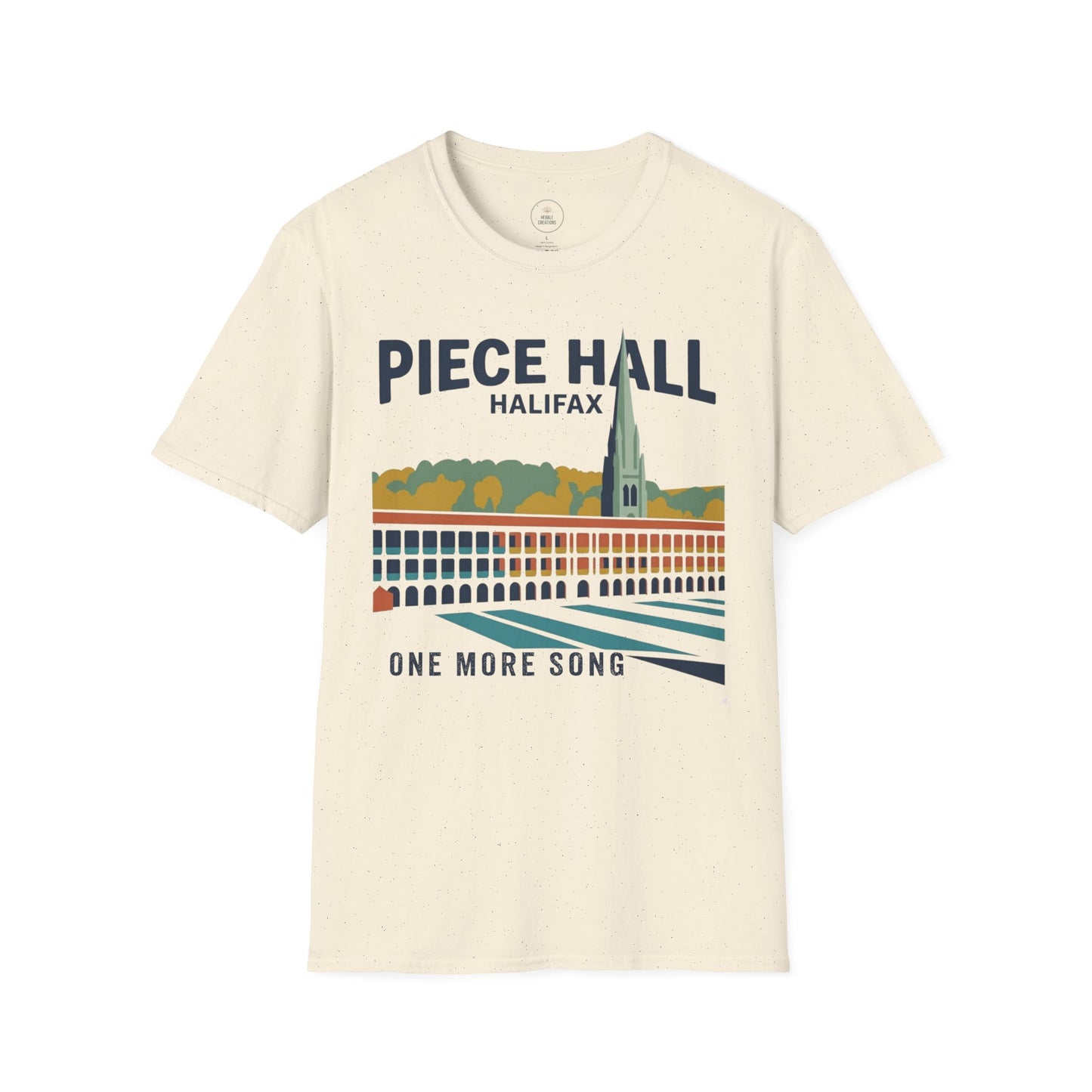 Beige t-shirt with graphic design and text on a white background