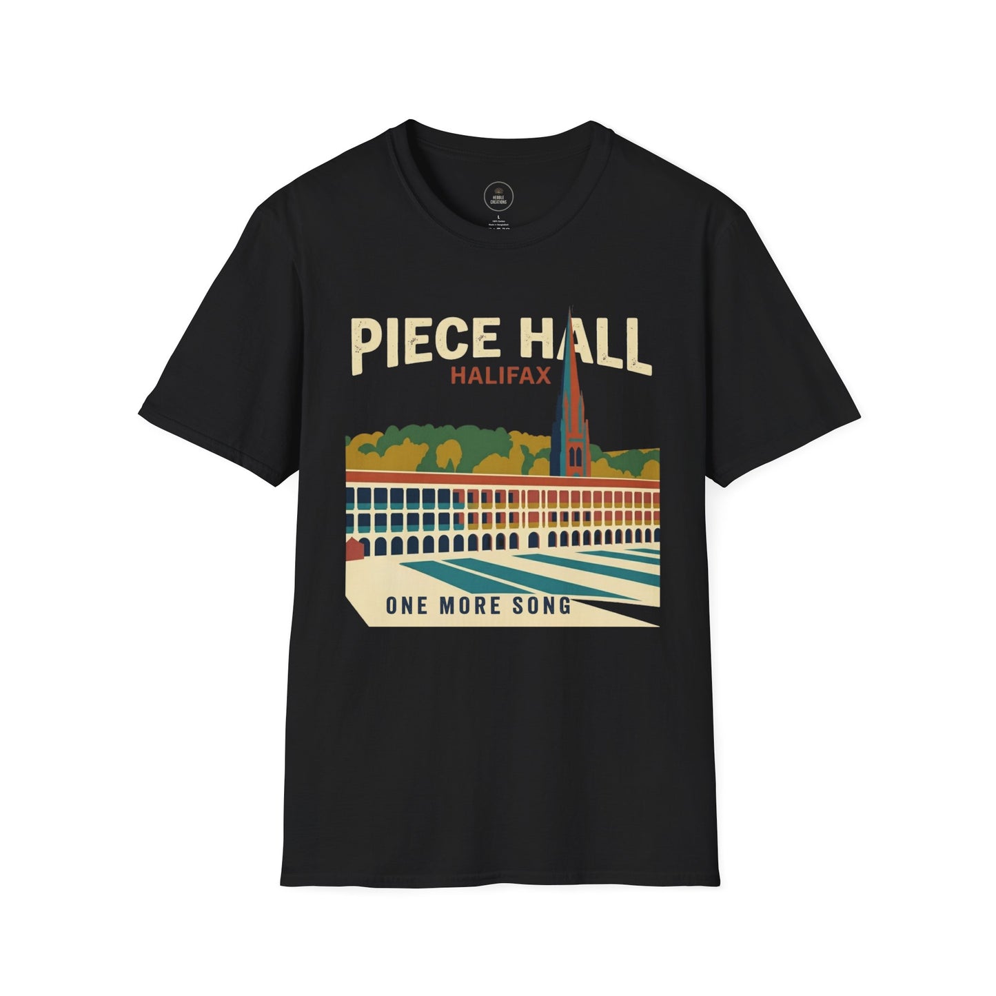 Black t-shirt with 'Piece Hall Halifax One More Song' graphic design on a white background