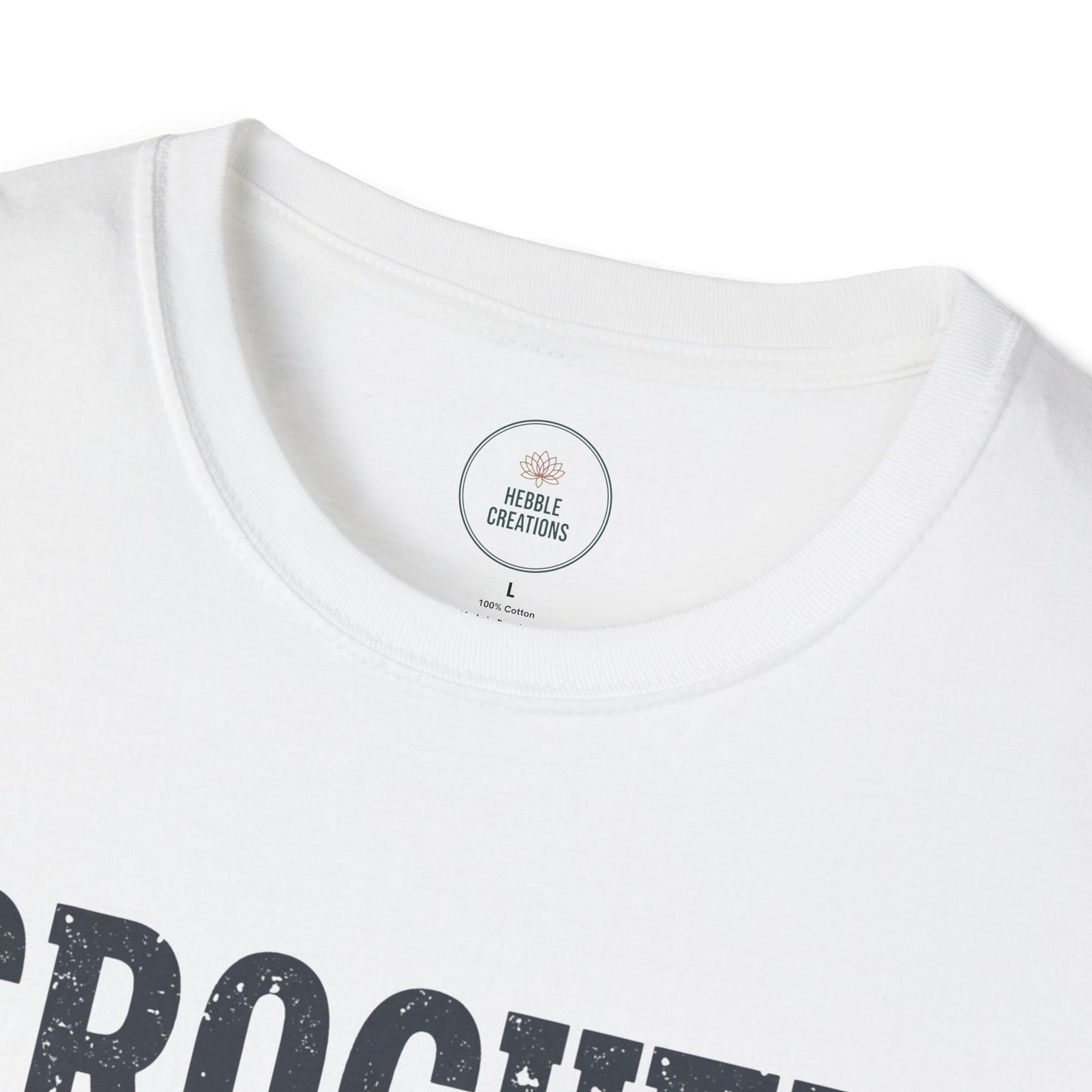 White t-shirt with black text and a visible brand label on a white background