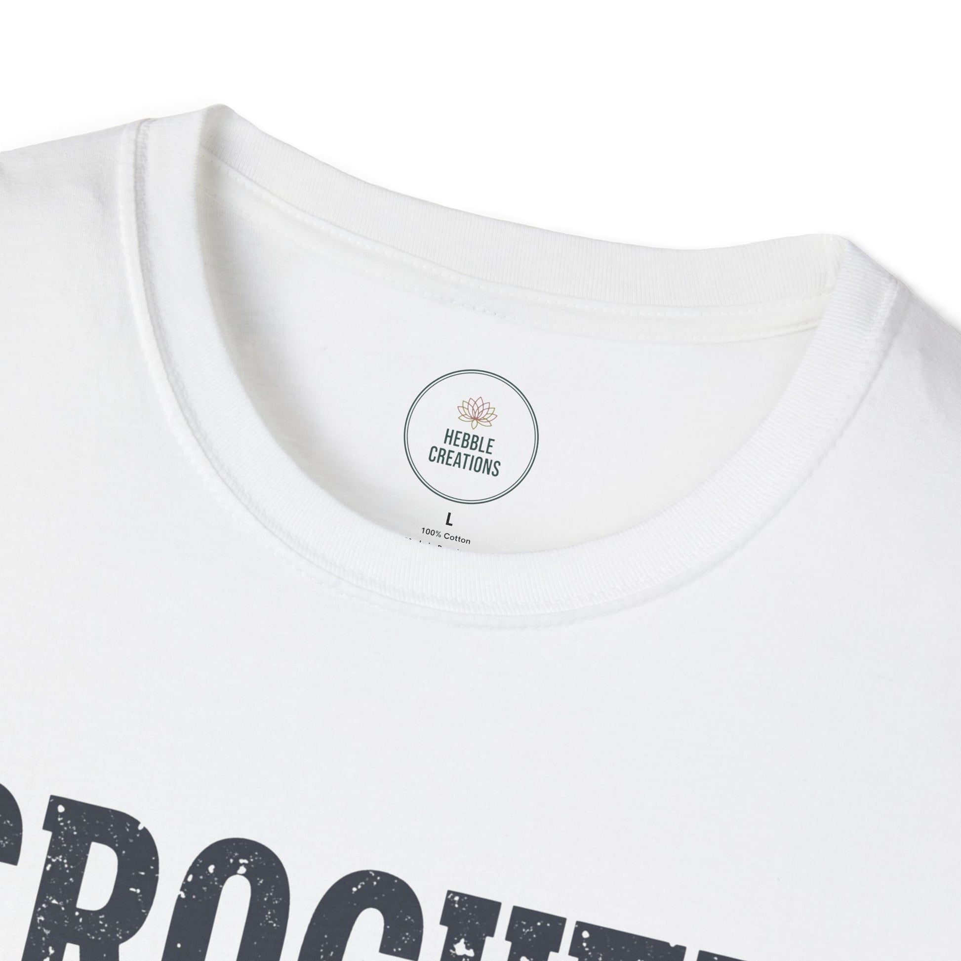 White t-shirt with black text and a visible brand label on a white background
