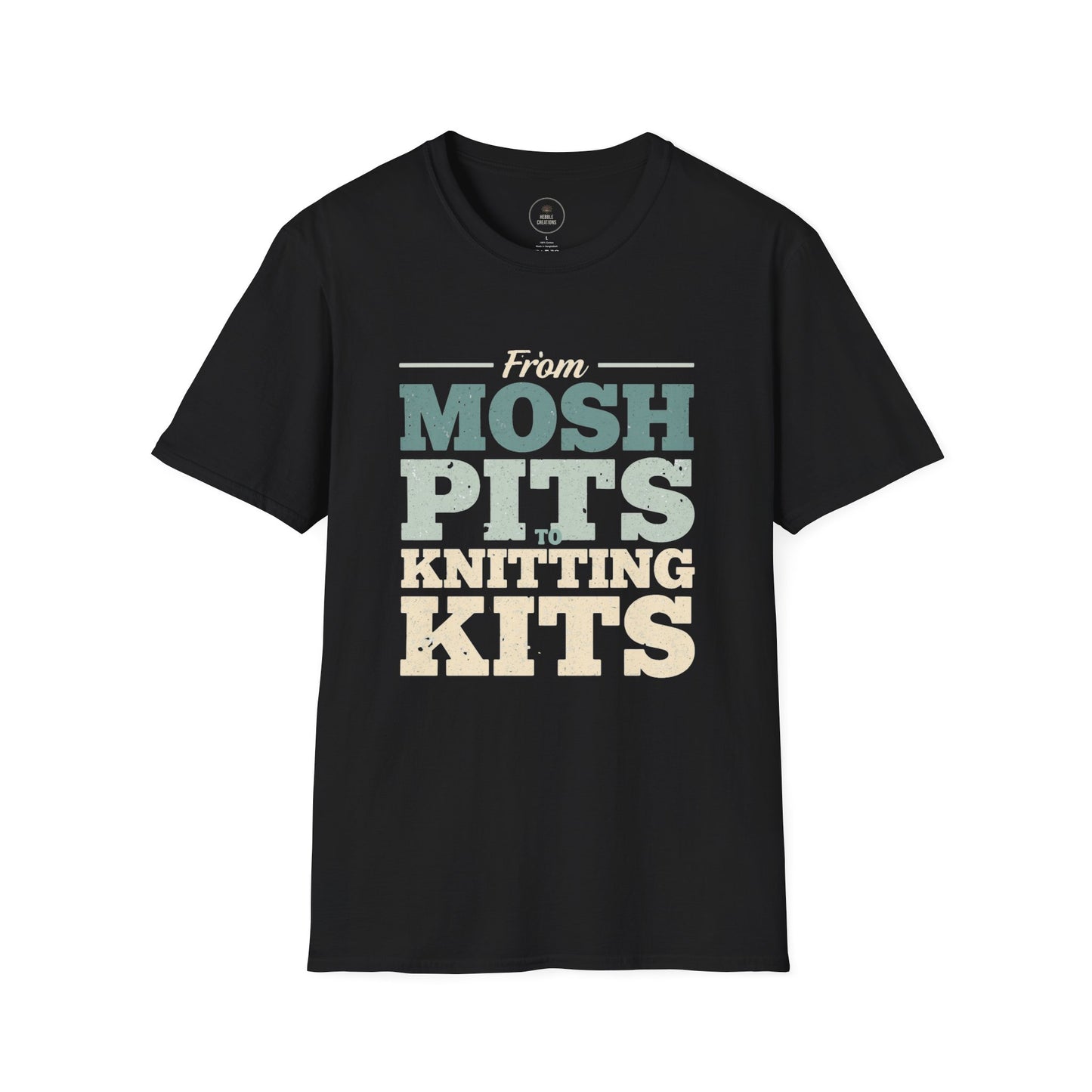 Black t-shirt with text 'From Mosh Pits to Knitting Kits' on a white background