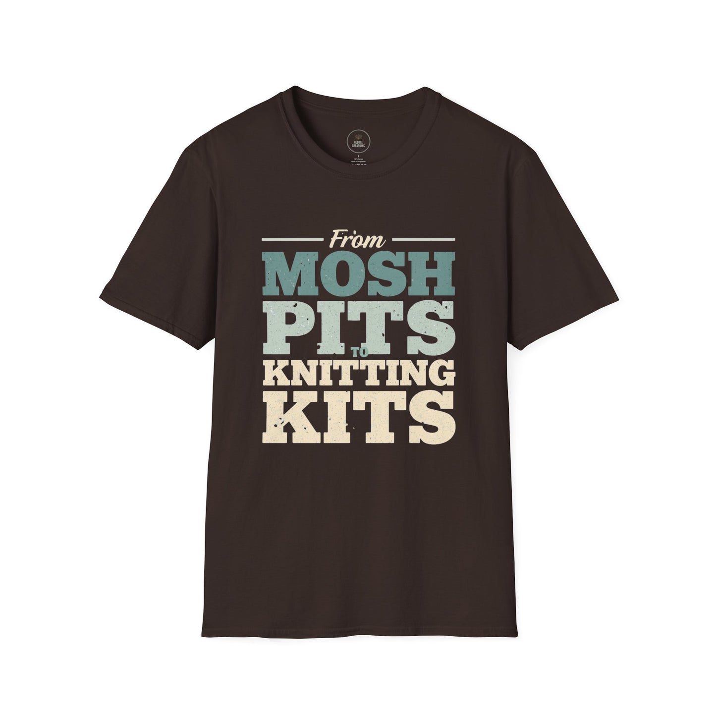 Brown t-shirt with text 'From Mosh Pits to Knitting Kits' on a white background