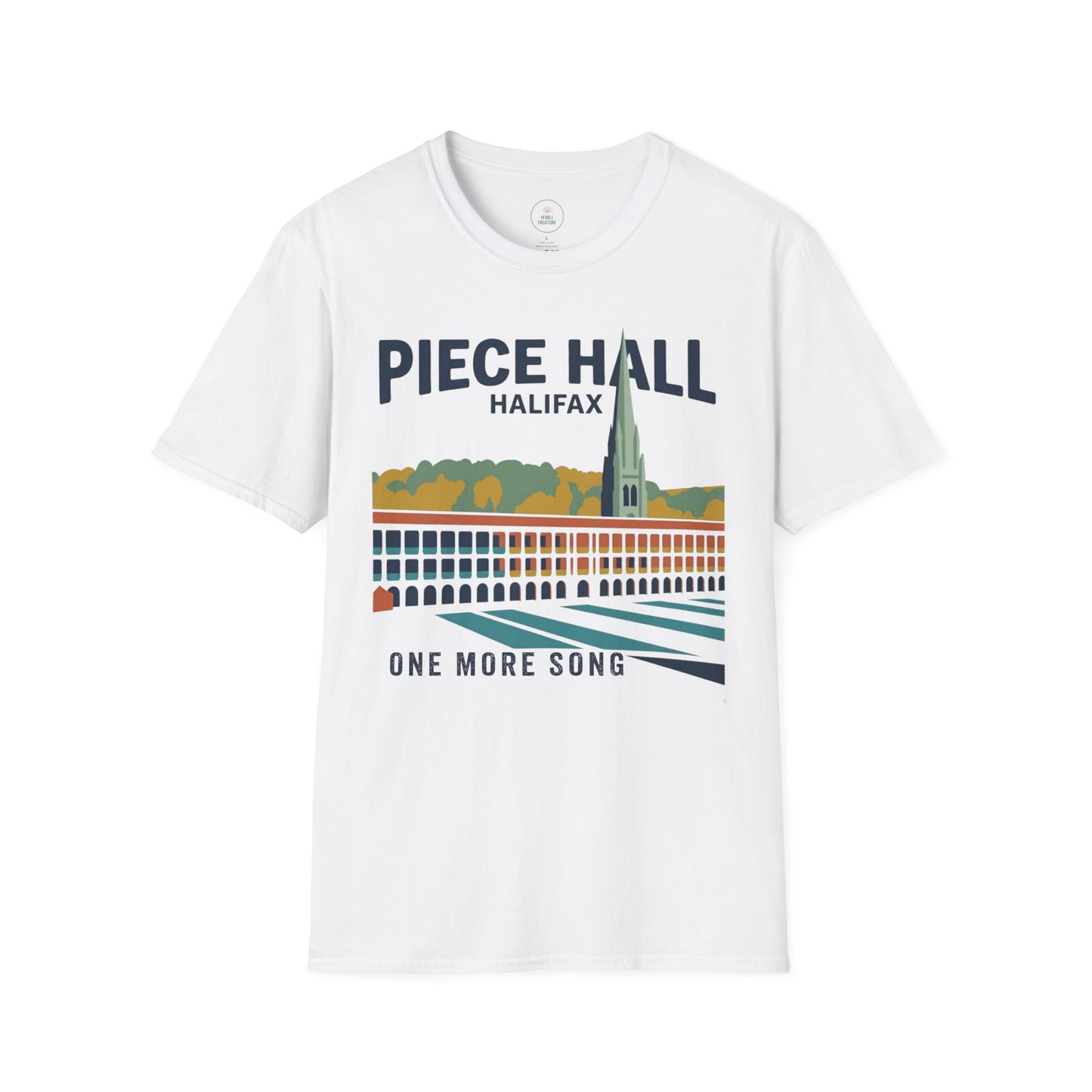 White t-shirt with 'Piece Hall Halifax' design on a white background