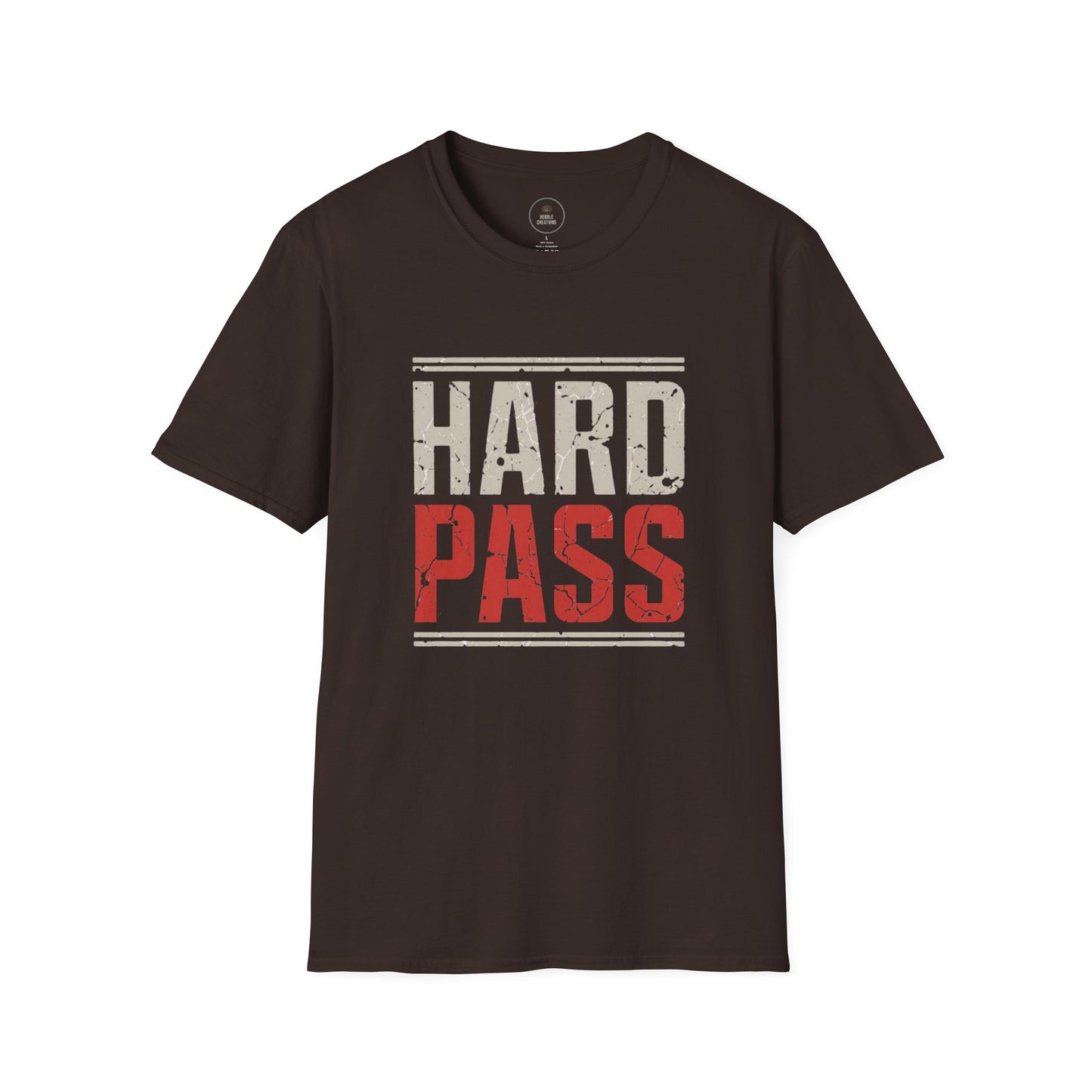 Black t-shirt with 'HARD PASS' text on a white background