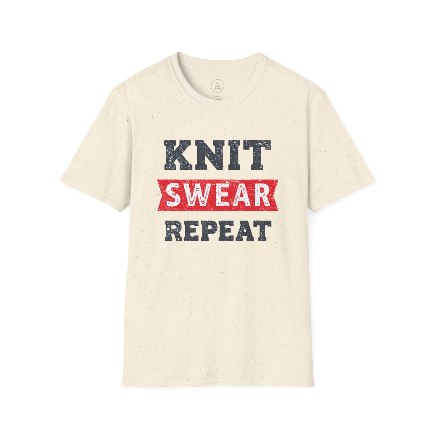 Beige t-shirt with 'KNIT SWEAR REPEAT' text on a white background
