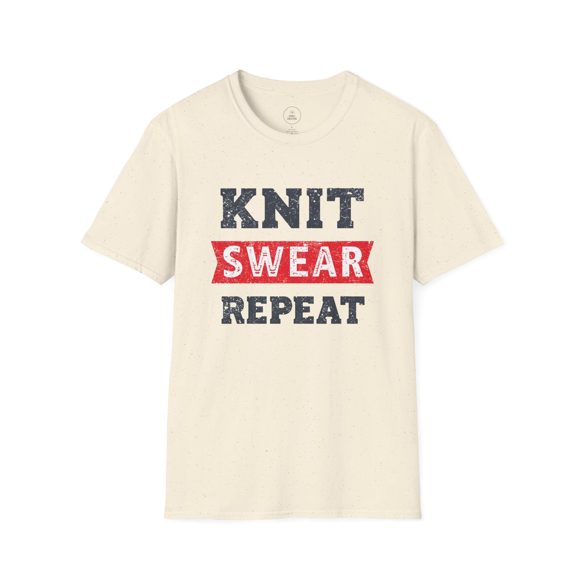 Beige t-shirt with 'KNIT SWEAR REPEAT' text on a white background