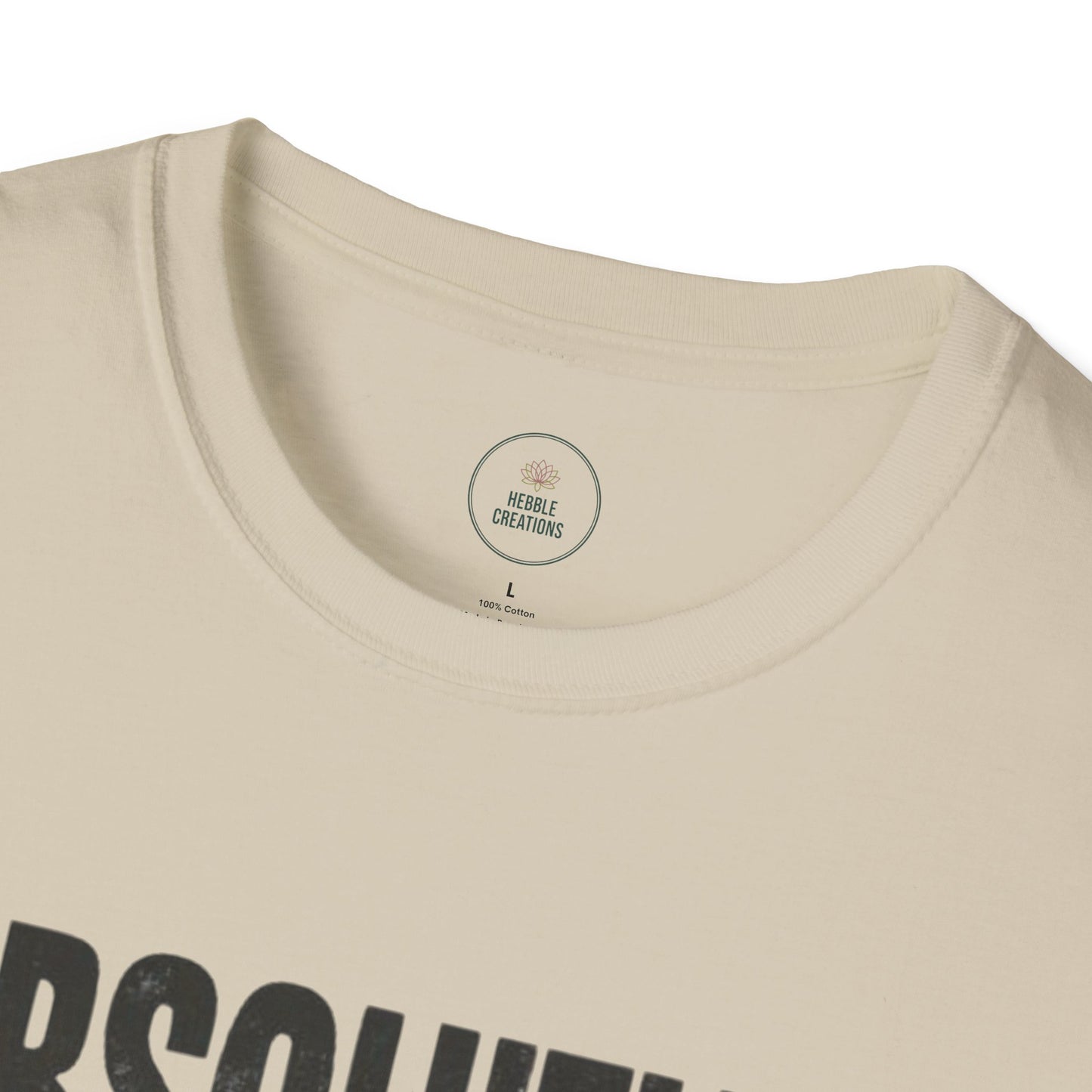 Beige t-shirt with a brand label on a white background