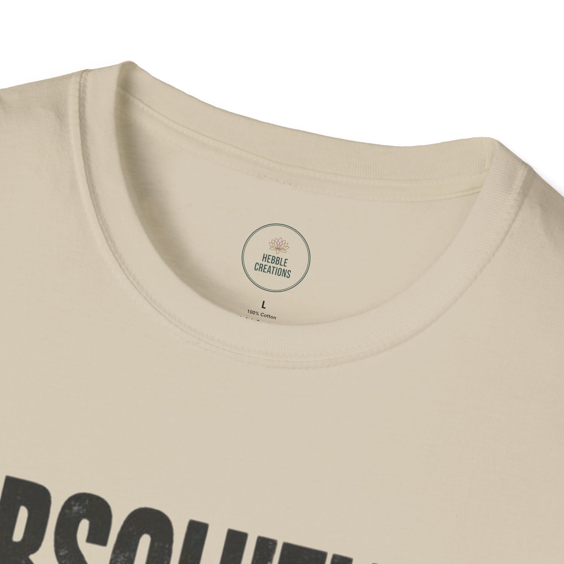 Beige t-shirt with a brand label on a white background