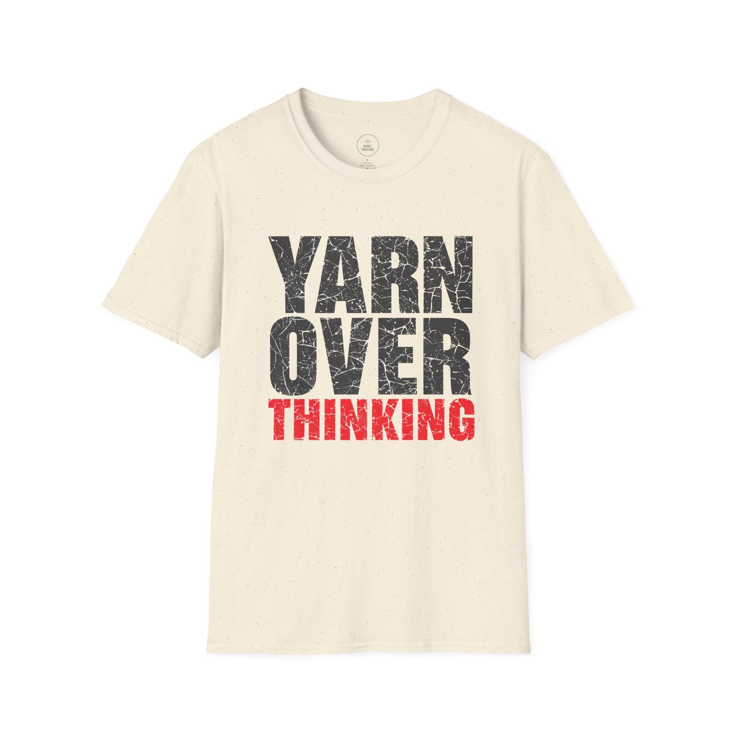 Beige t-shirt with 'YARN OVER THINKING' text in black and red on a white background