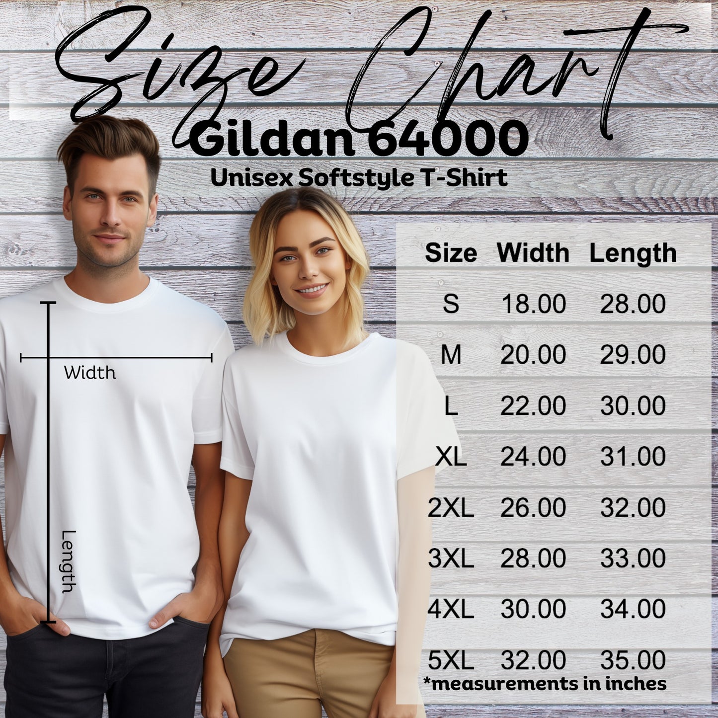 Size chart for Gildan 64000 Unisex Softstyle T-Shirt with two models wearing white t-shirts.
