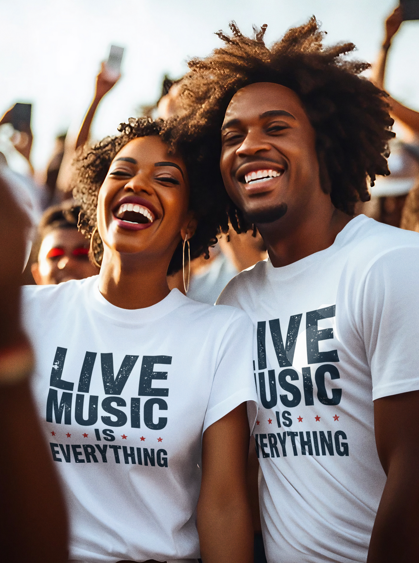 Two people wearing 'Live Music is Everything' t-shirts at a music festival.