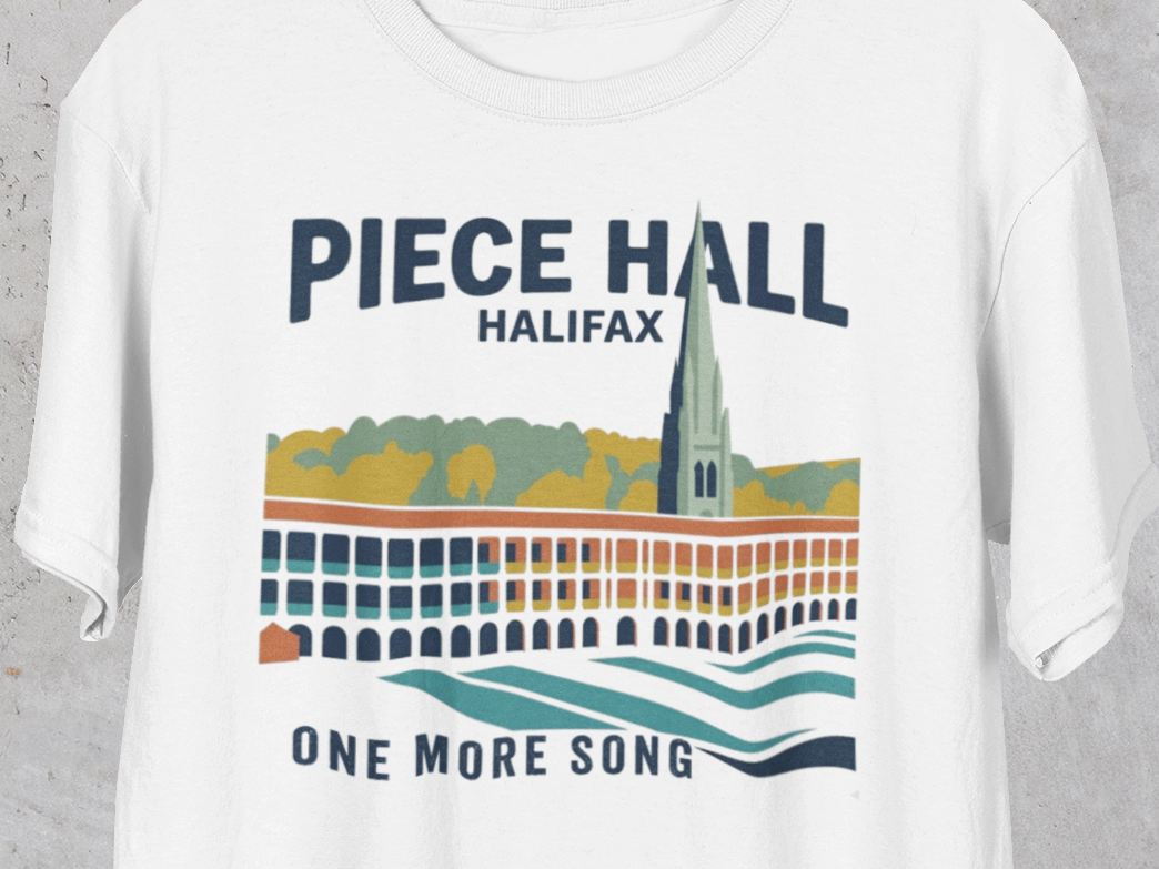 White t-shirt with 'Piece Hall Halifax' design on a gray background