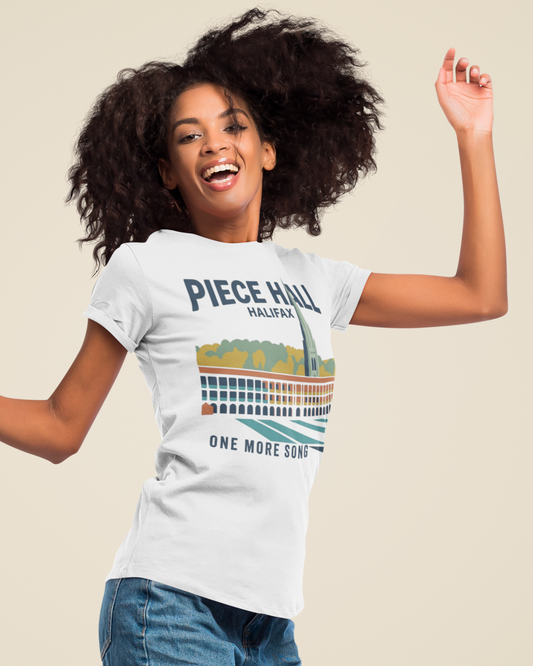 Person wearing a t-shirt with 'Piece Hall Halifax' design on a beige background