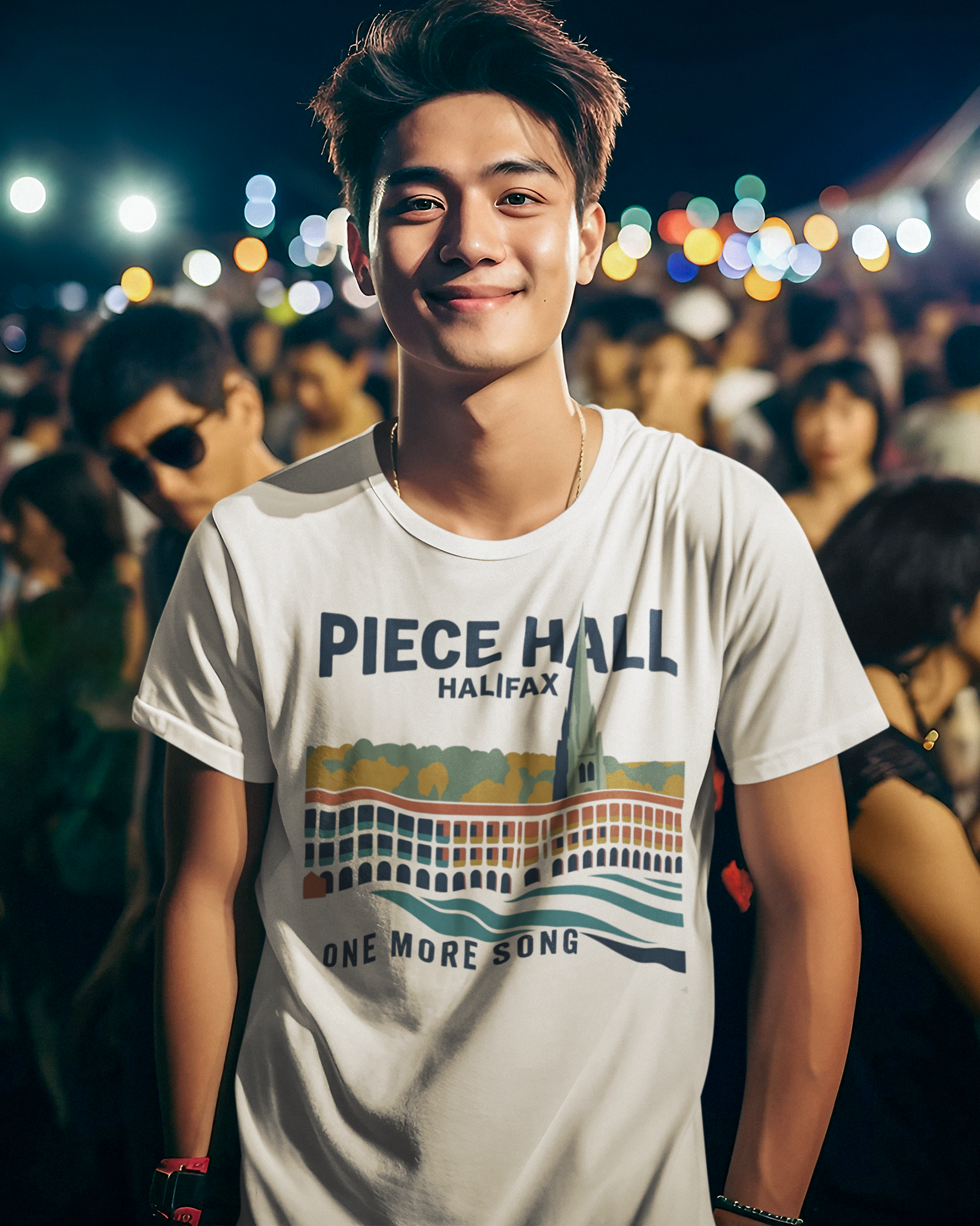 Person wearing a 'Piece Hall Halifax' t-shirt with a colorful graphic design in a night-time outdoor setting.