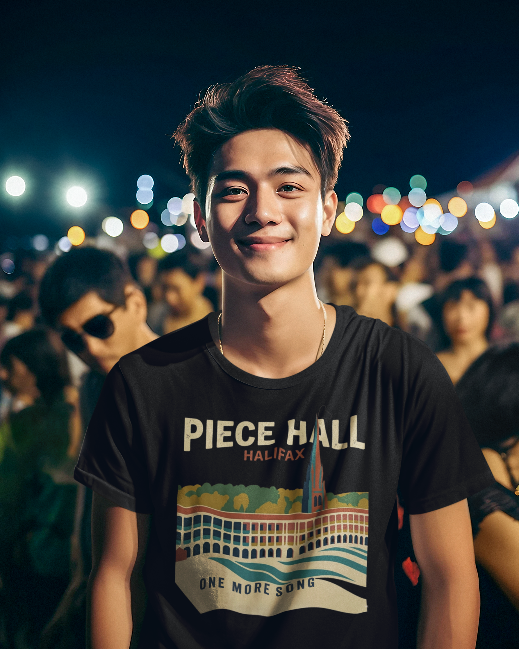 Person wearing a 'Piece Hall Halifax' t-shirt in a crowded outdoor setting at night.