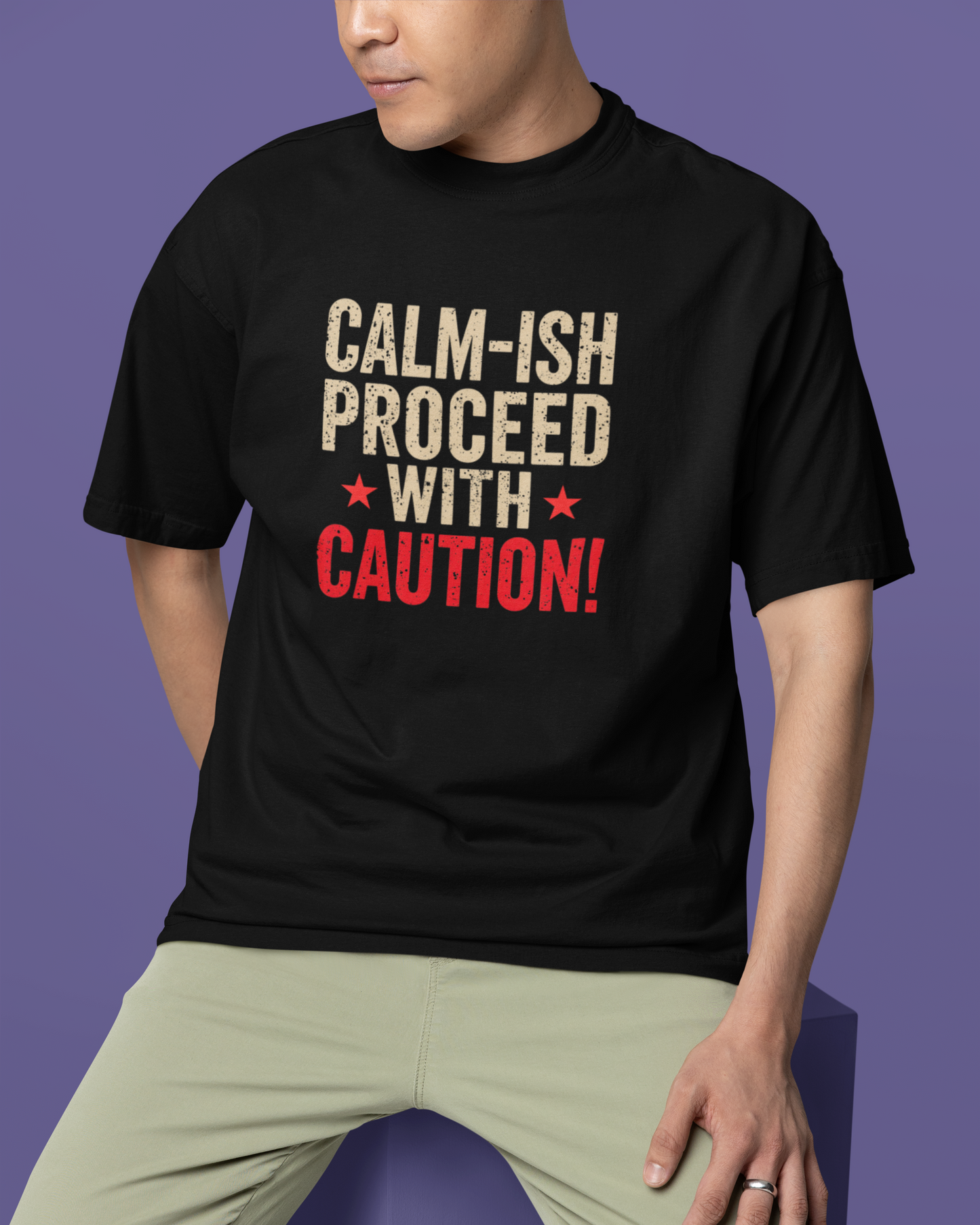 Person wearing a black t-shirt with humorous text design on a purple background