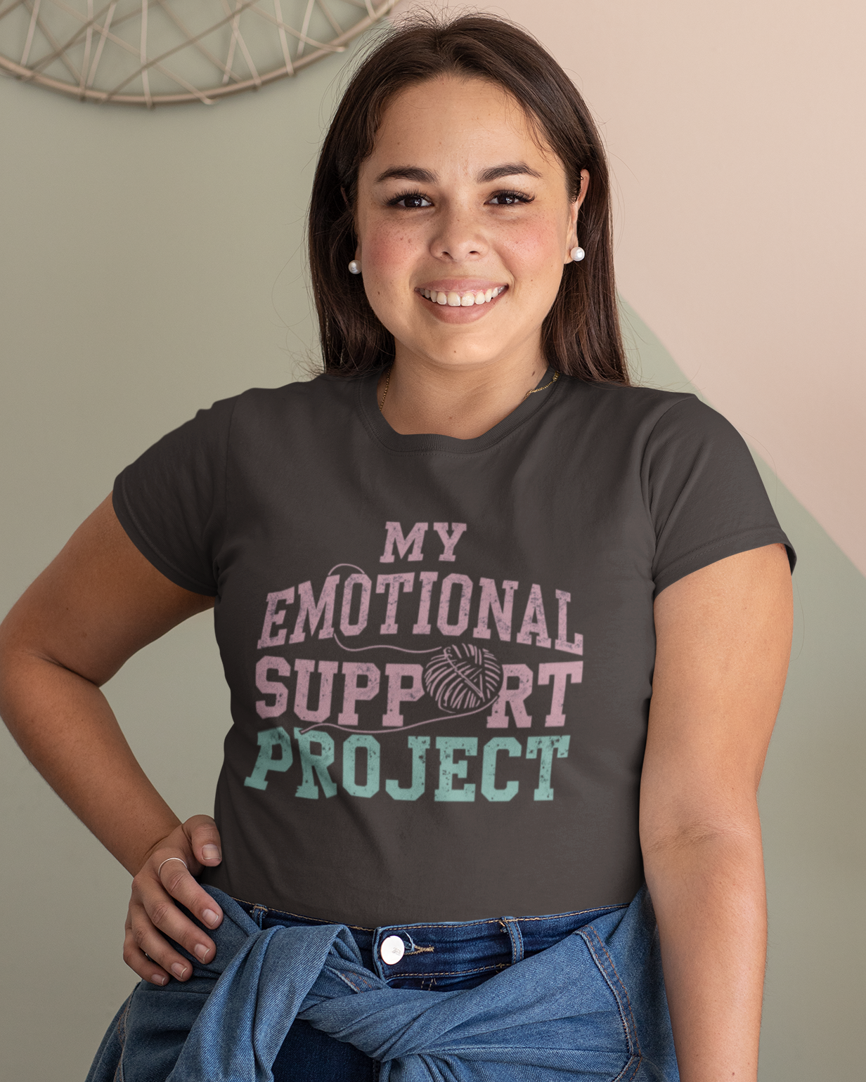 Woman wearing a t-shirt with 'My Emotional Support Project' text