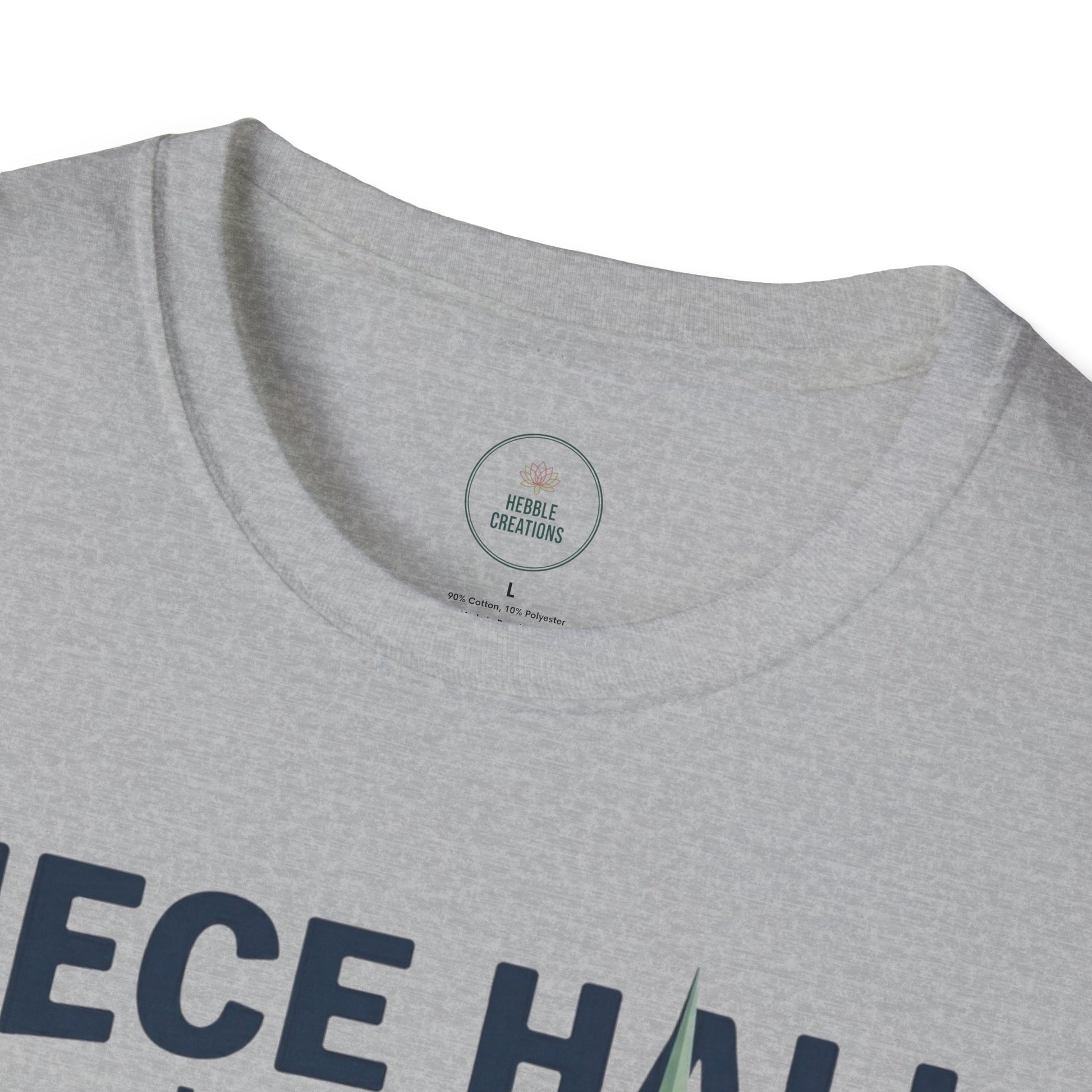 Gray t-shirt with text and a brand label on a white background