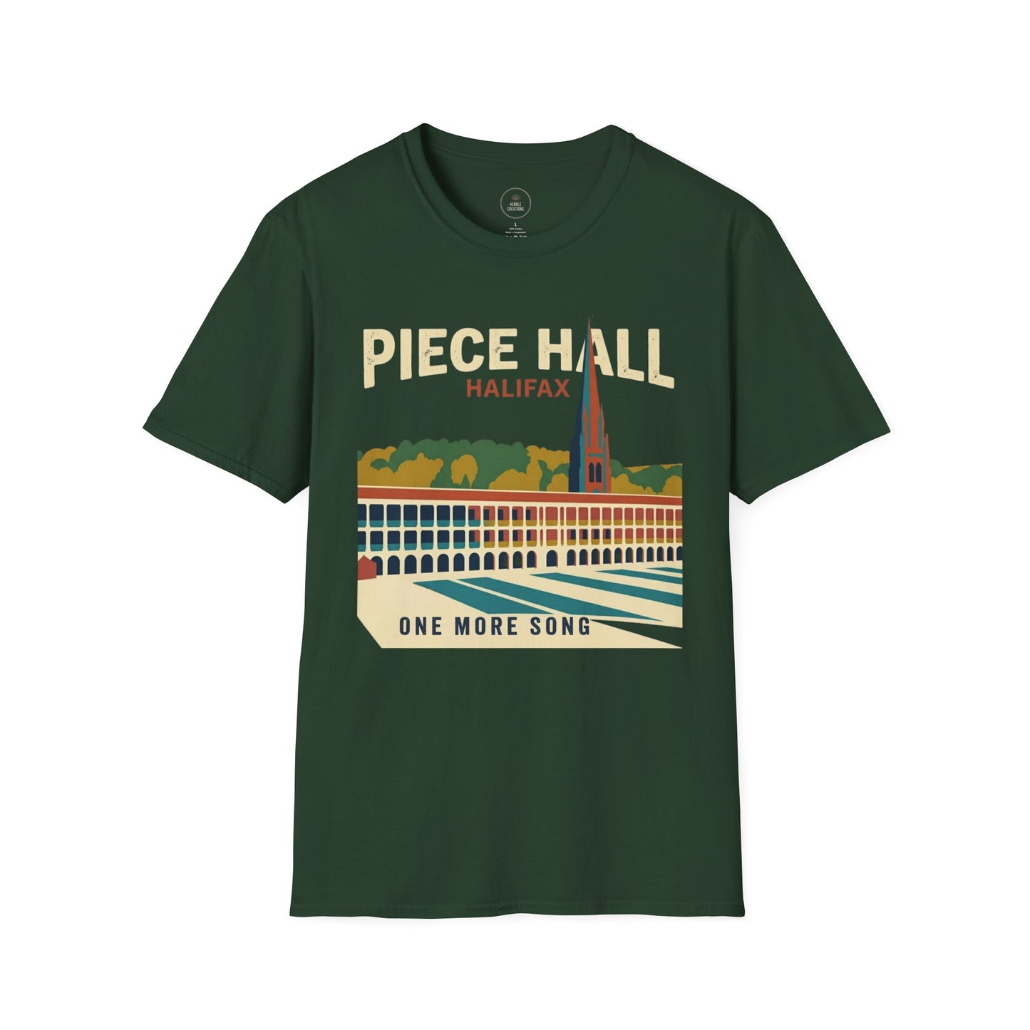 Green t-shirt with 'Piece Hall Halifax' graphic design on a white background