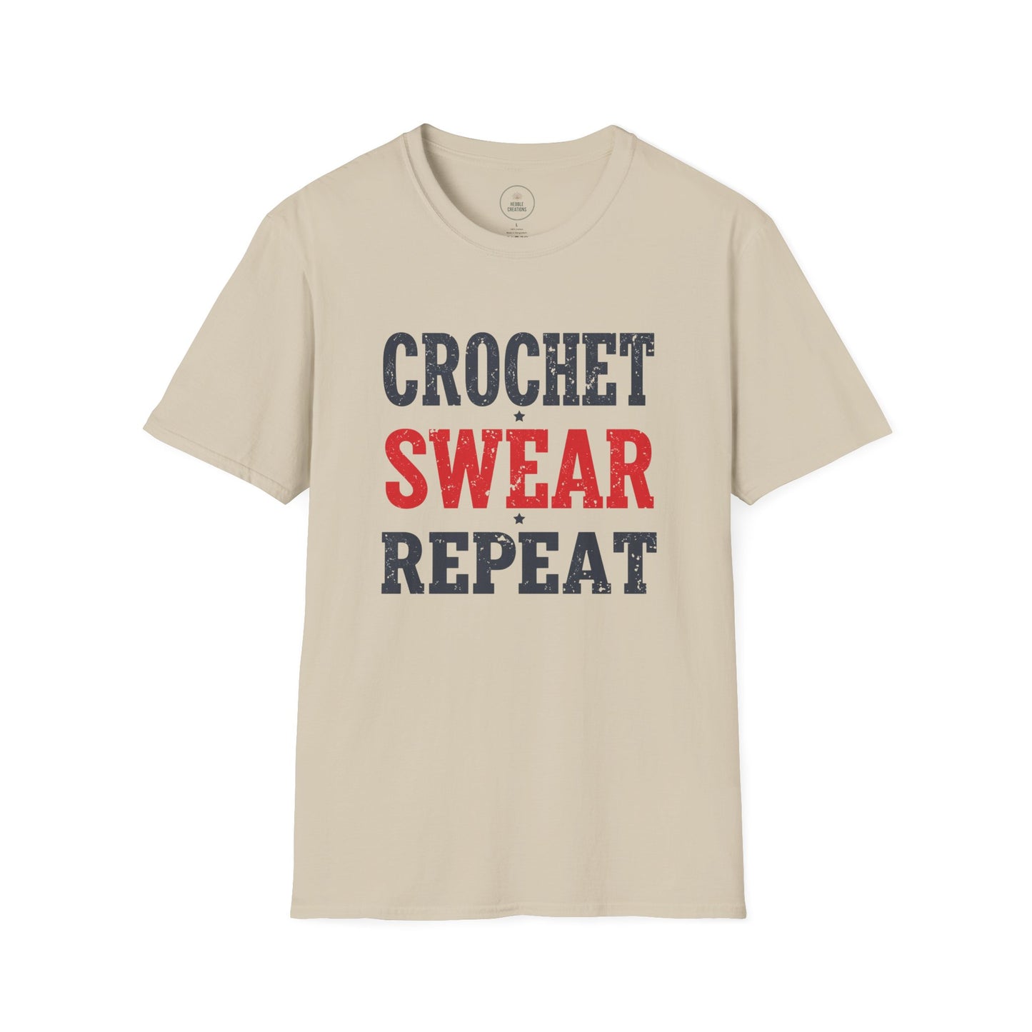 Beige t-shirt with 'Crochet Swear Repeat' text on a white background