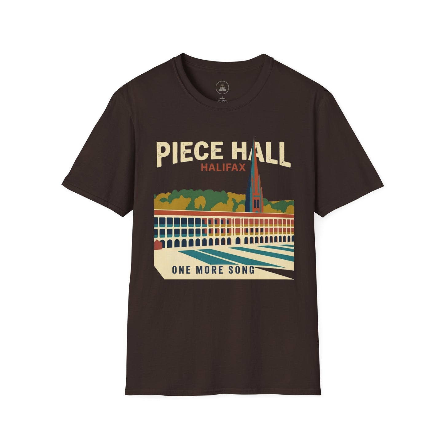Brown t-shirt with 'Piece Hall Halifax' graphic design on a white background