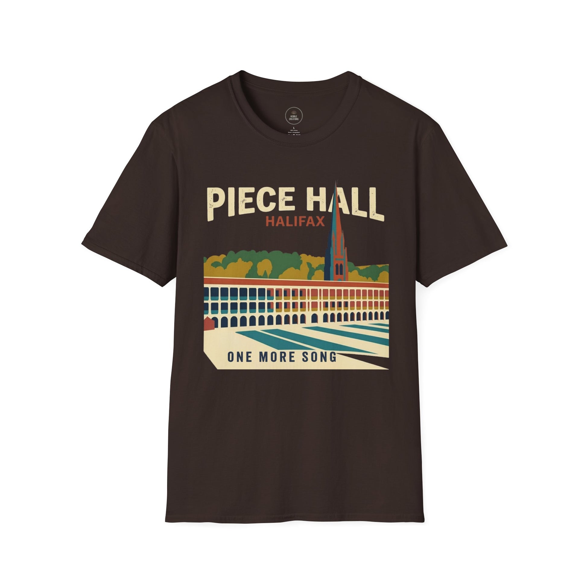 Brown t-shirt with 'Piece Hall Halifax' graphic design on a white background