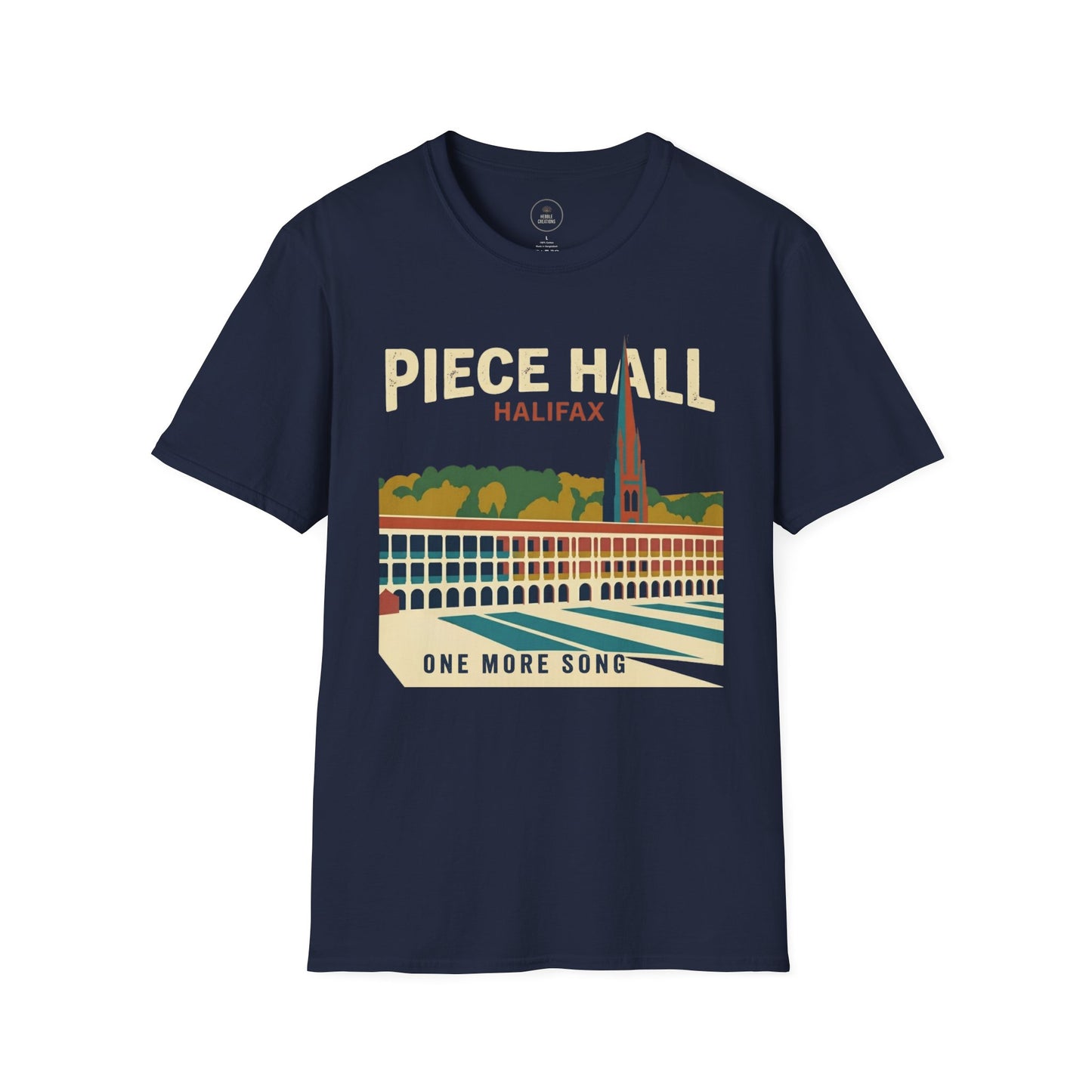 Navy blue t-shirt with 'Piece Hall Halifax' graphic design on a white background