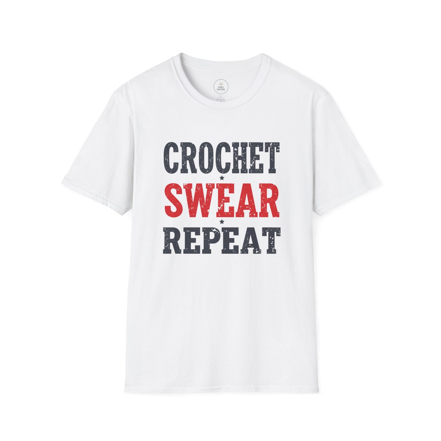 White t-shirt with 'Crochet Swear Repeat' text on a white background