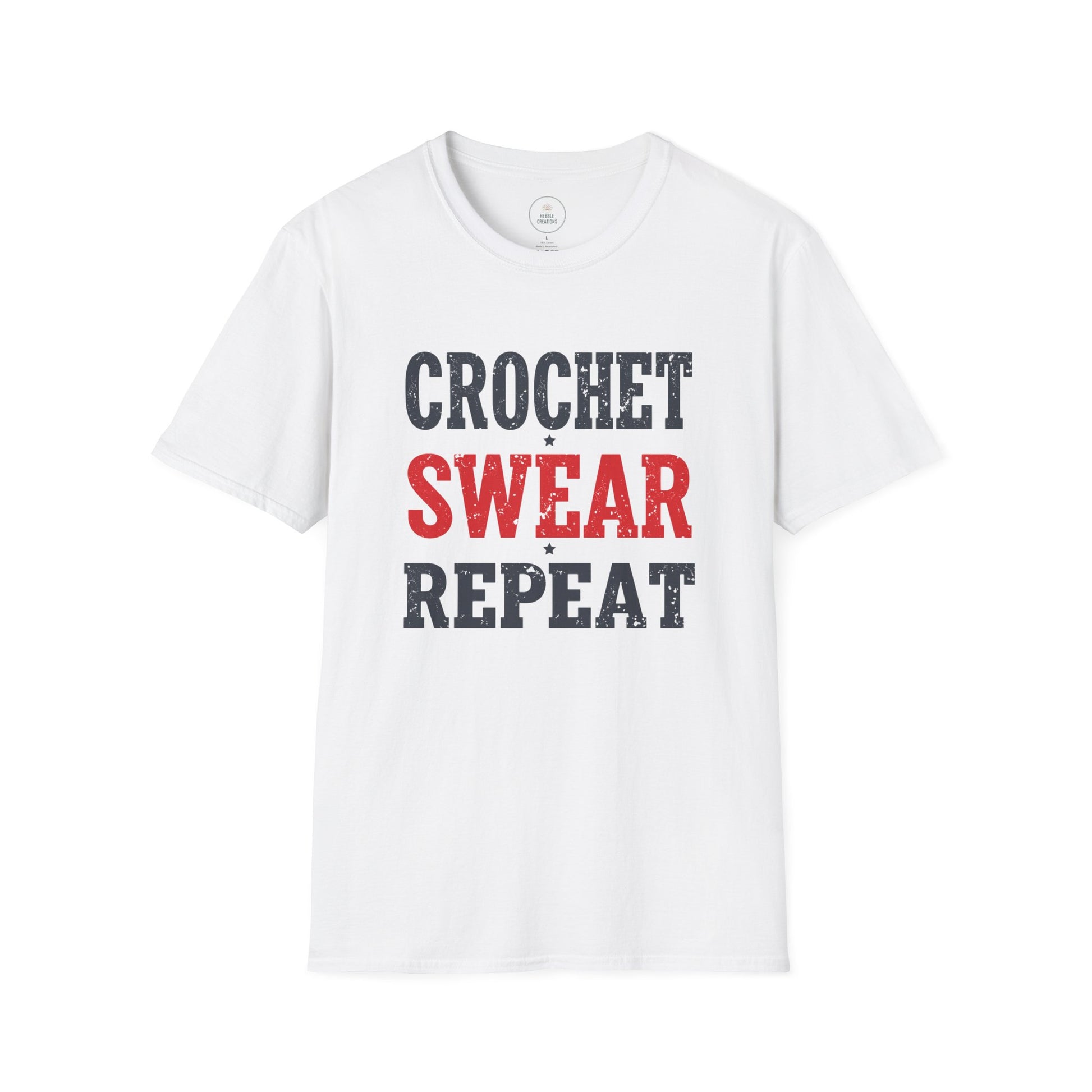 White t-shirt with 'Crochet Swear Repeat' text on a white background