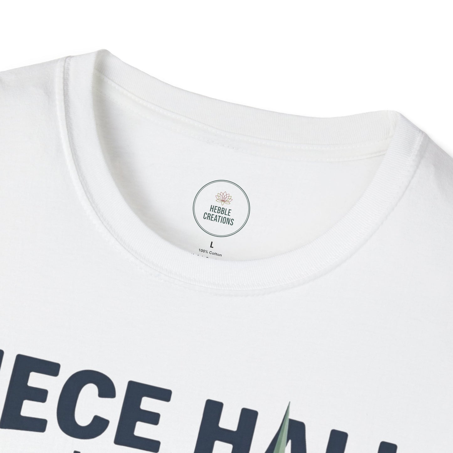 White t-shirt with black text and a visible brand label on a white background