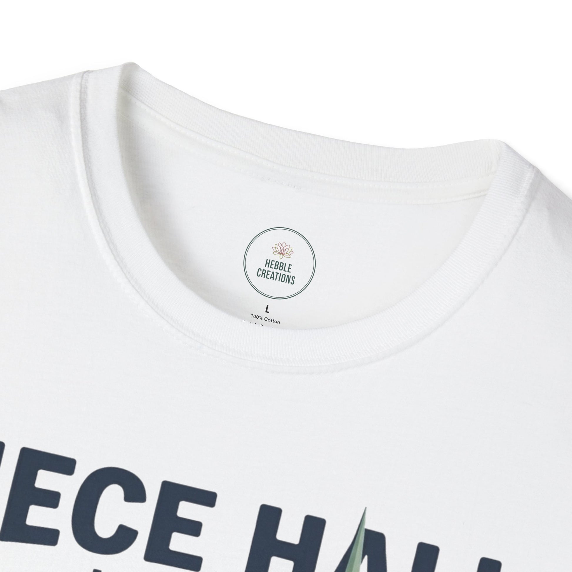 White t-shirt with black text and a visible brand label on a white background