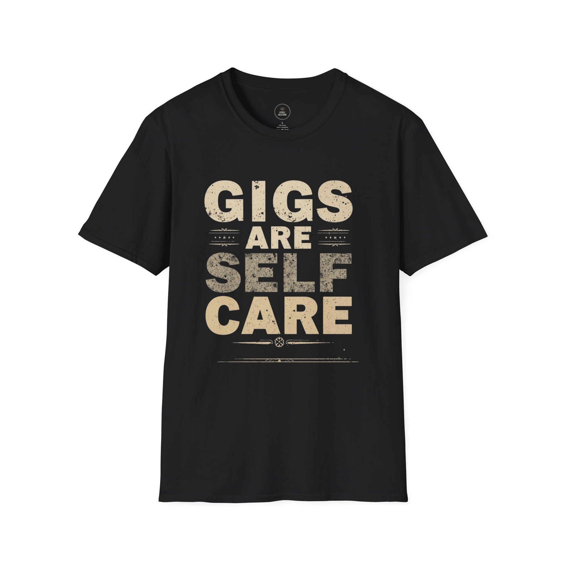 Black t-shirt with white graphic and text on a white background