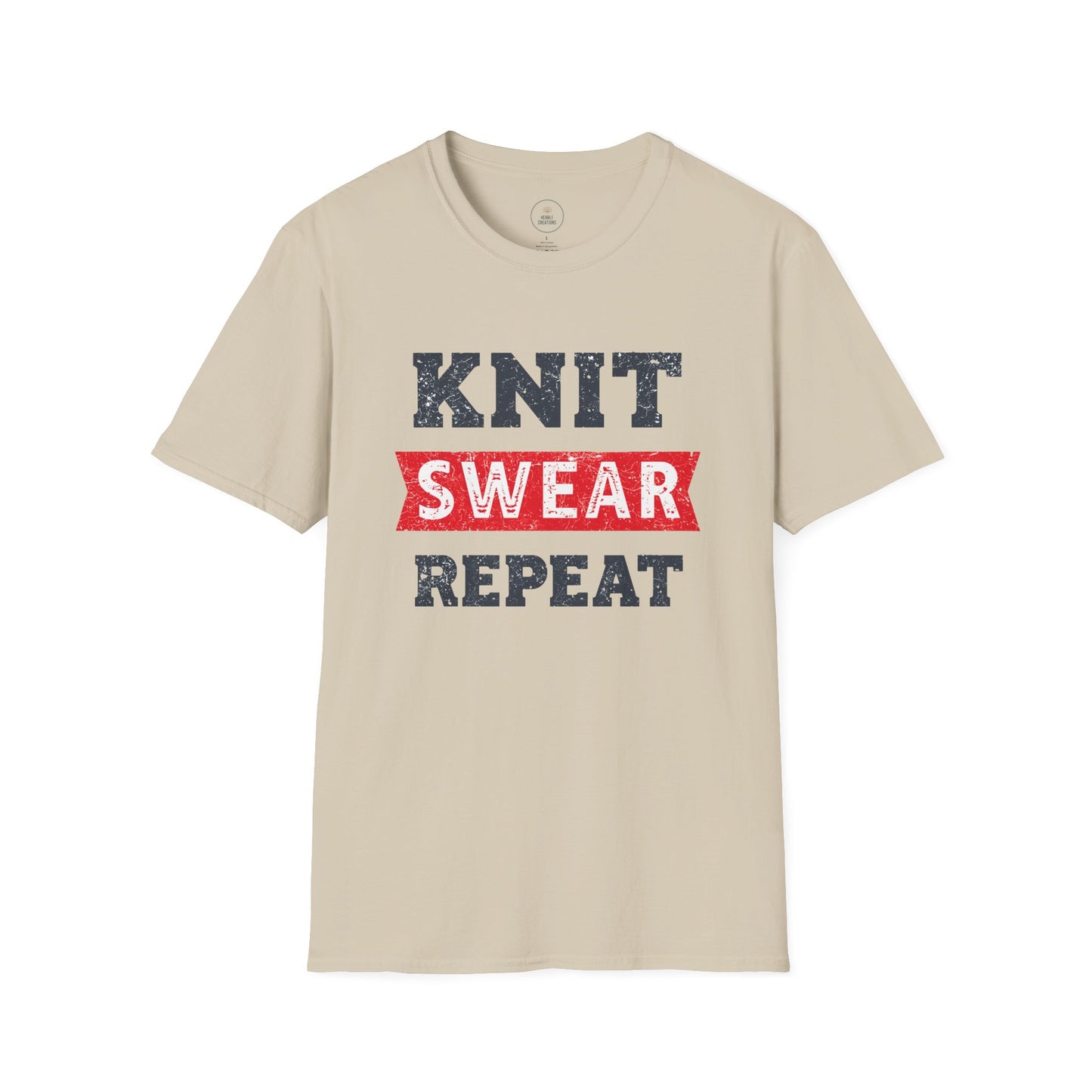 Beige t-shirt with 'KNIT SWEAR REPEAT' text design on a white background