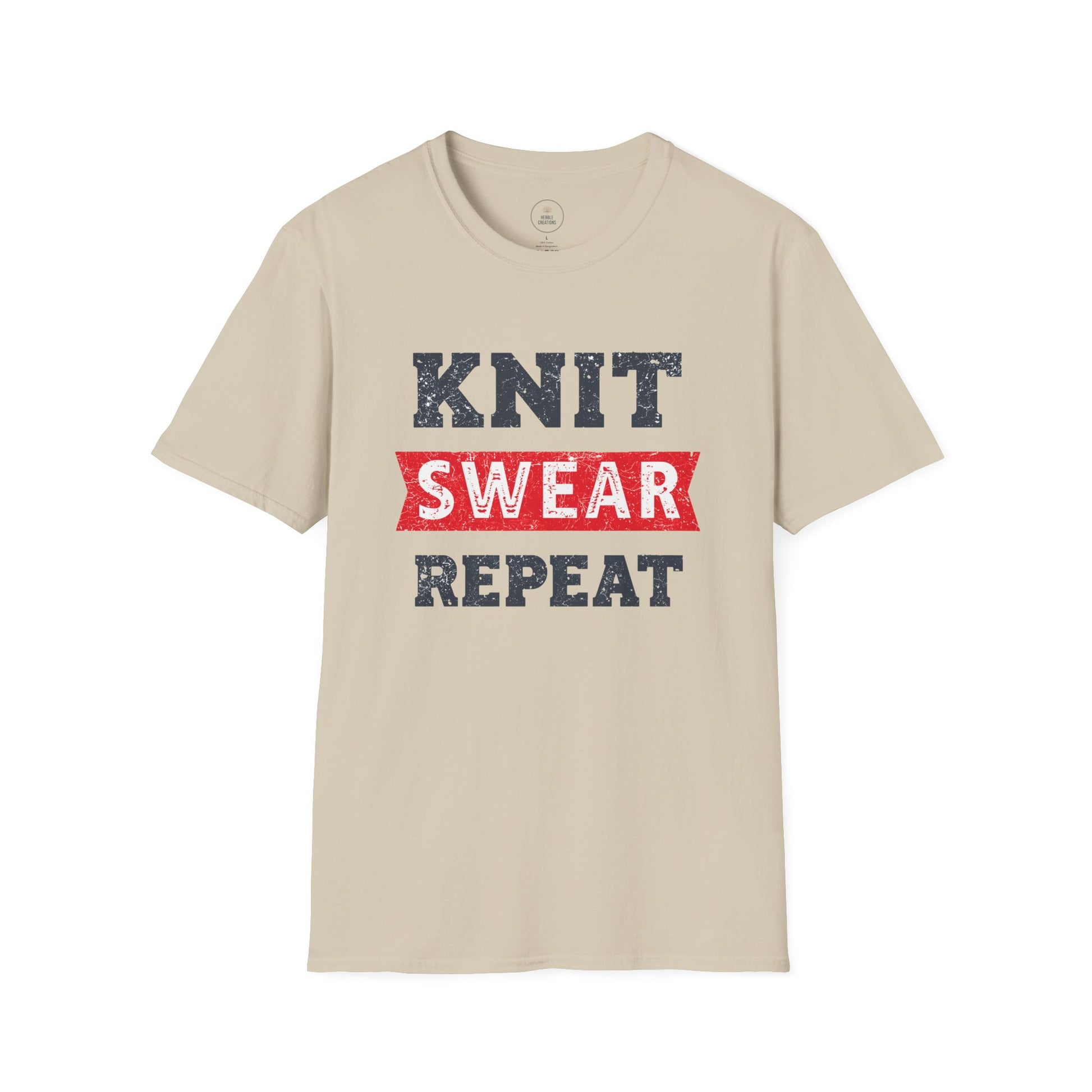 Beige t-shirt with 'KNIT SWEAR REPEAT' text design on a white background