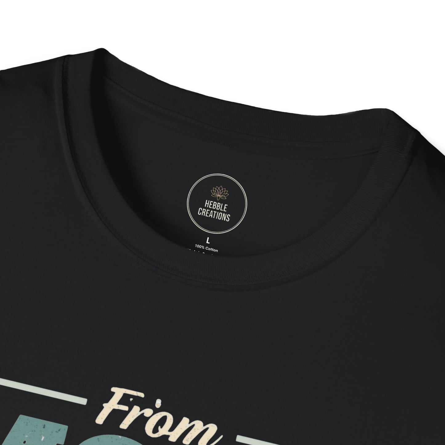 Close-up of a black t-shirt with a brand label on the collar.