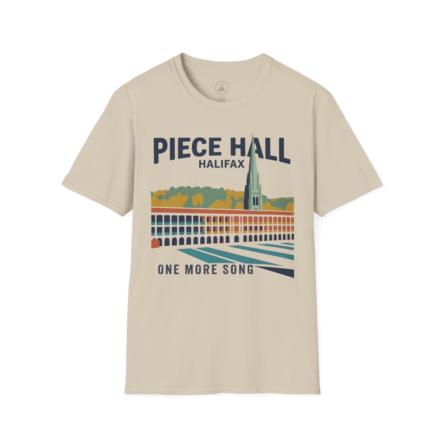 Beige t-shirt with 'Piece Hall Halifax' graphic design on a white background