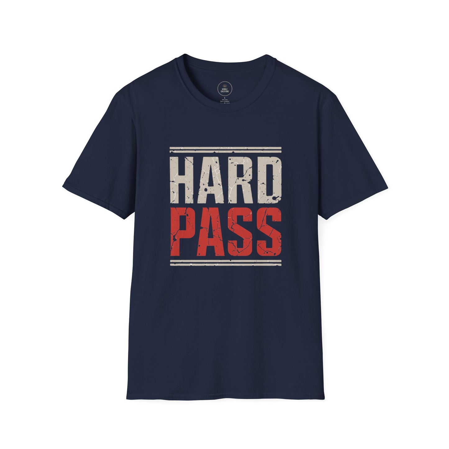 navy t-shirt with 'HARD PASS' text on a white background