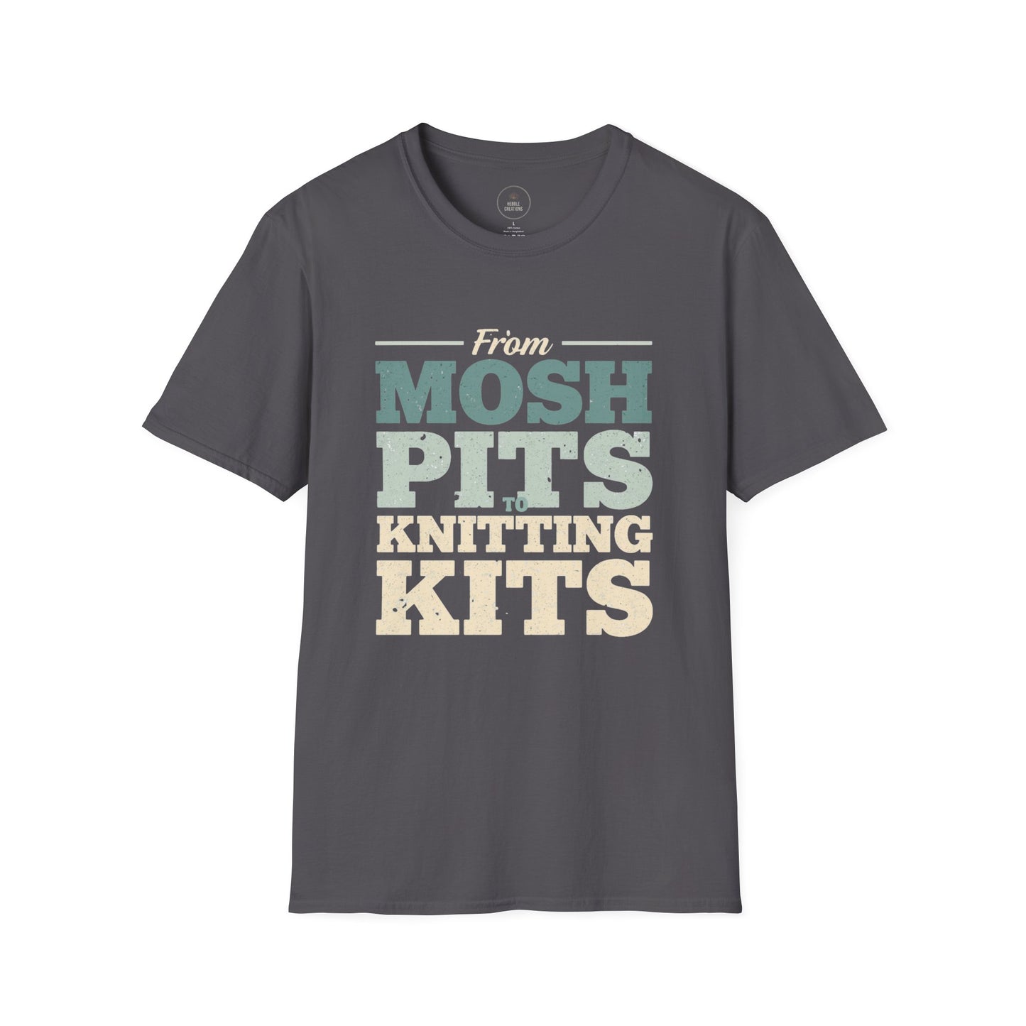 Gray t-shirt with colorful text design on a white background