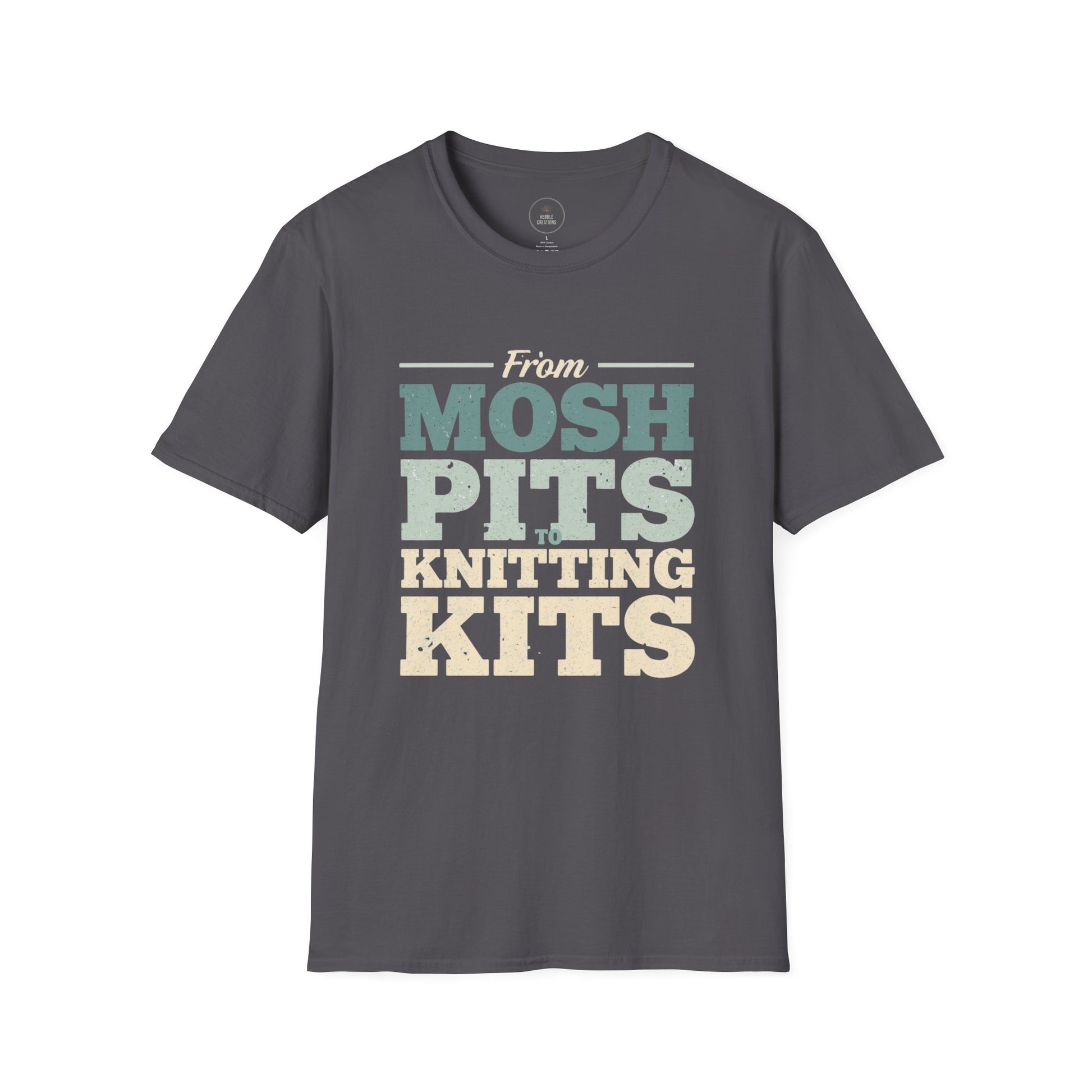 Gray t-shirt with colorful text design on a white background