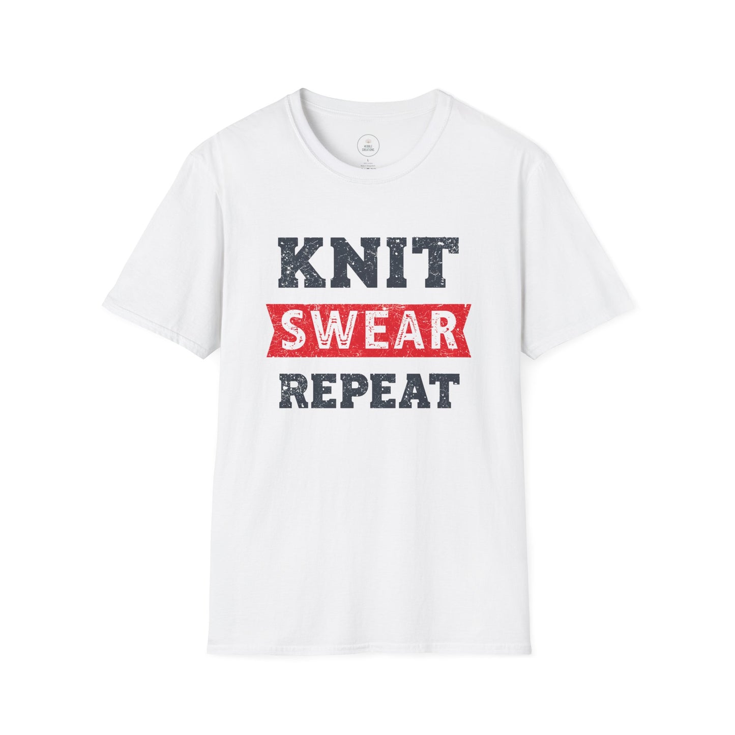 White t-shirt with 'KNIT SWEAR REPEAT' text on a white background