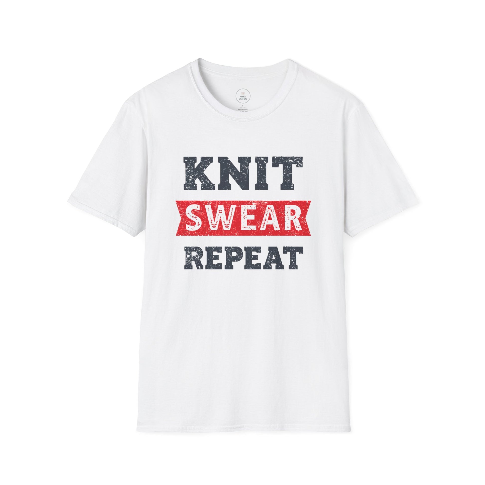 White t-shirt with 'KNIT SWEAR REPEAT' text on a white background