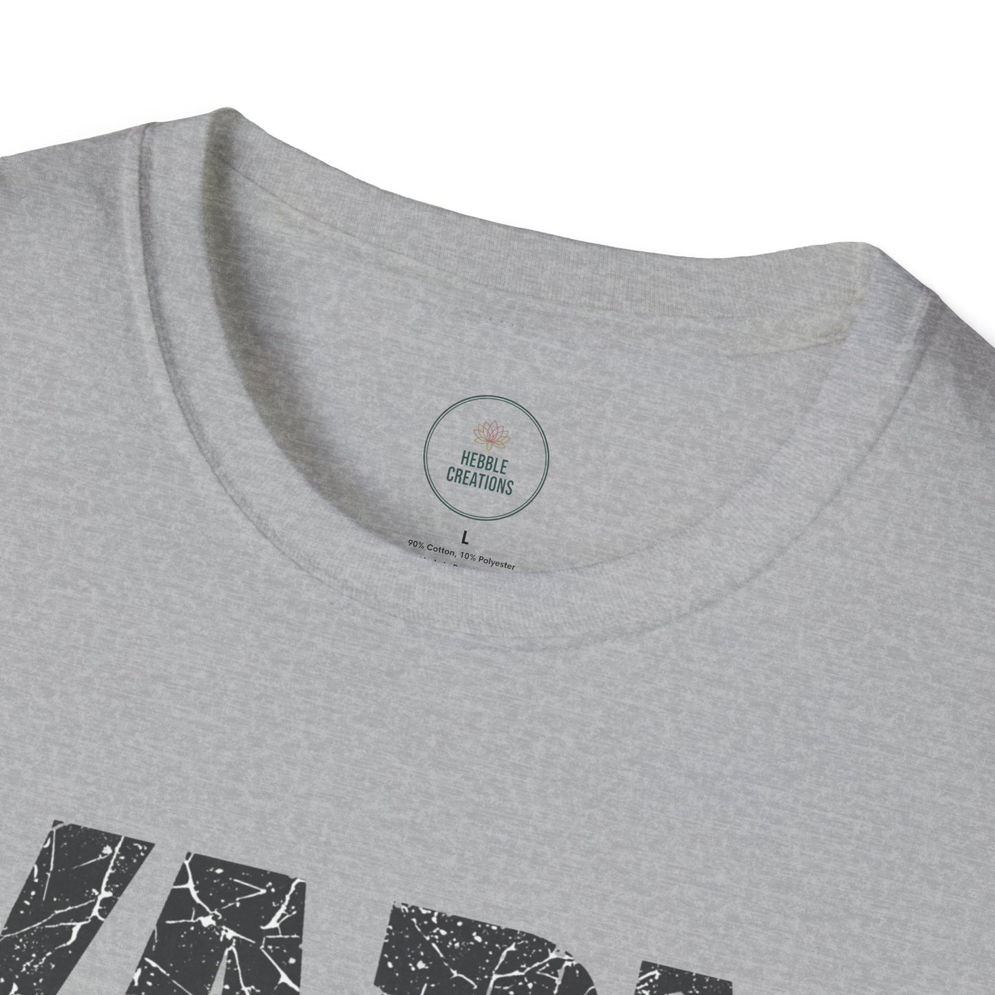 Gray t-shirt with black text and a visible brand label on a white background